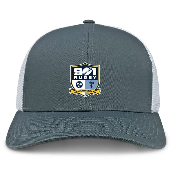 The 901 Rugby Retro Trucker Cap by EMB S&S Activewear features a gray and white design, a "901 Rugby Germantown TN" shield logo on the front, and an adjustable snapback closure.
