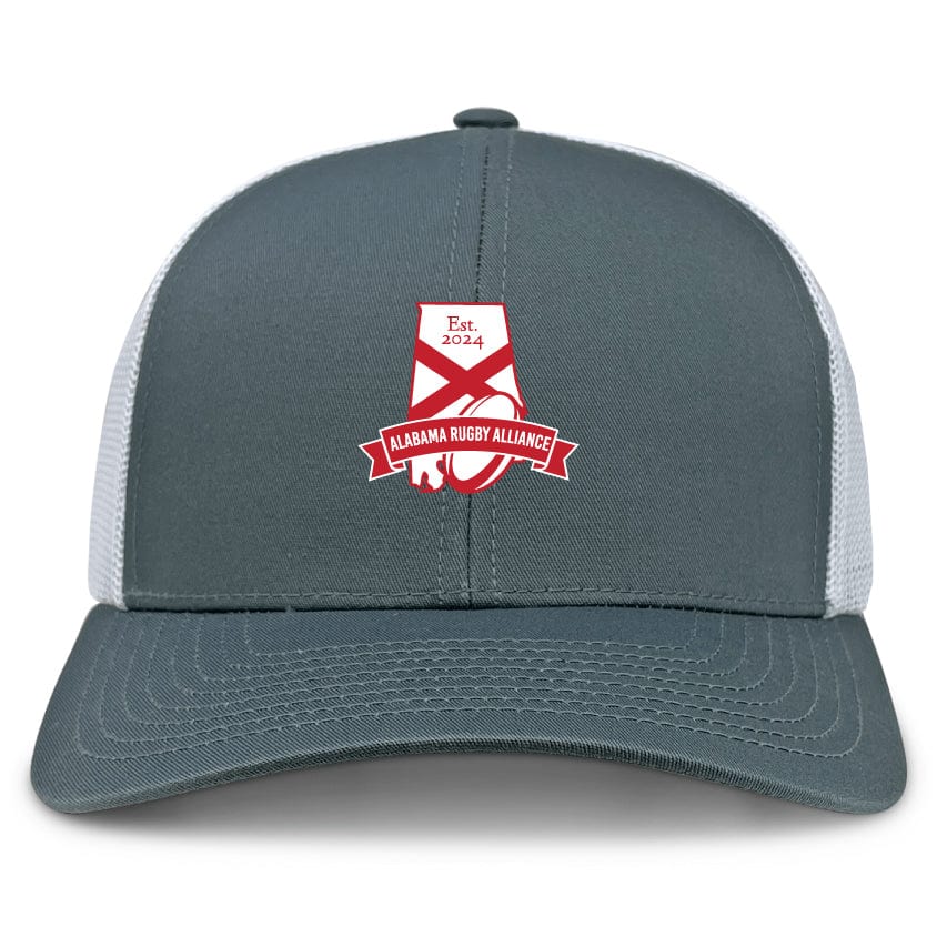 The EMB S&S Activewear Alabama Rugby Alliance Retro Trucker Cap features a gray and white design, red and white embroidered logo with "Est. 2024" text on the front, and an adjustable snapback closure for comfort.