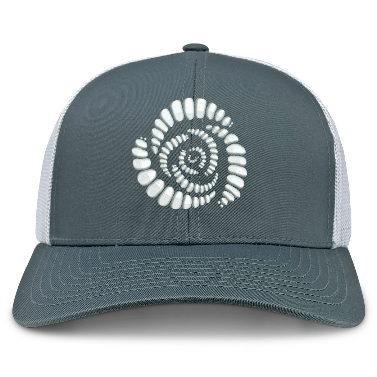 Introducing the Missoula All-Maggots Retro Trucker Cap by EMB S&S Activewear—a gray and white cap featuring a mesh back, adjustable snapback closure, and an eye-catching white spiral seashell embroidered on the front panel.