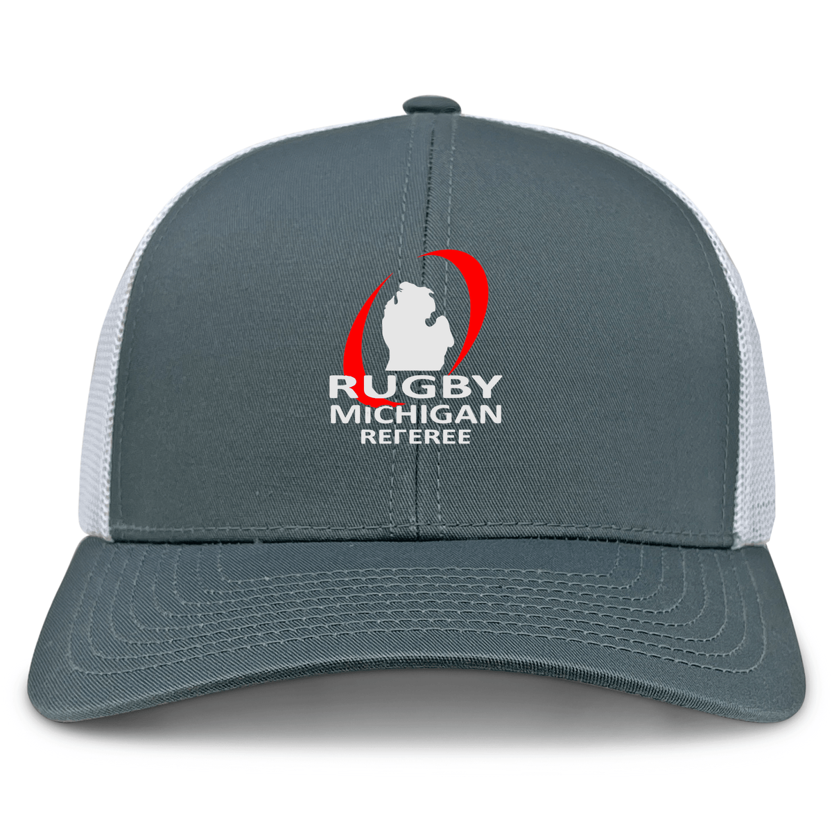 The EMB S&S Activewear Rugby Michigan Referee Society Retro Trucker Cap features a gray and white design, mesh back, snapback closure, and an embroidered red and white logo on the front.