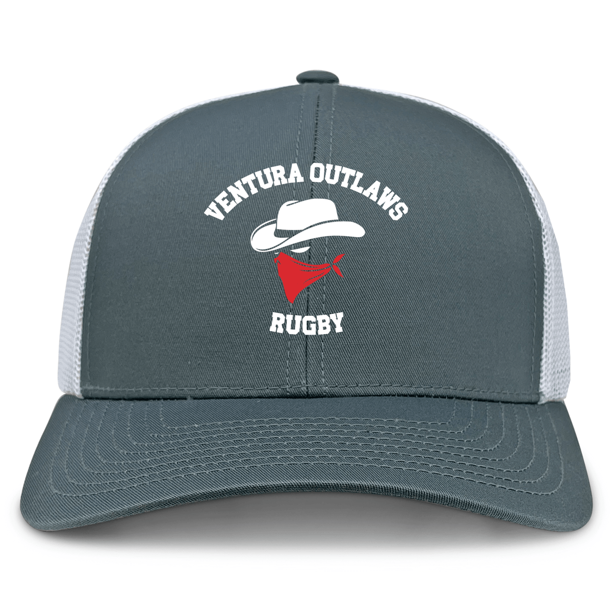 The Ventura Outlaws Rugby Retro Trucker Cap by EMB S&S Activewear features gray and white panels, front graphics of the team's name, cowboy hat, red bandana, and an adjustable snapback closure.
