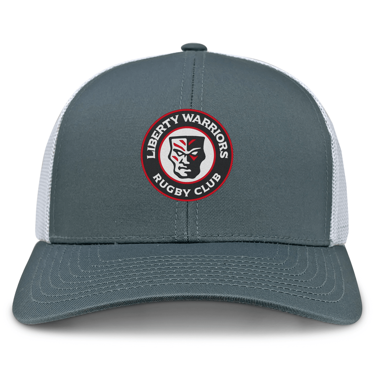 The Liberty Lake Warriors Retro Trucker Cap by EMB S&S Activewear features a gray and white design with a bold embroidered team logo in red, black, and white, plus an adjustable snapback closure for comfort.