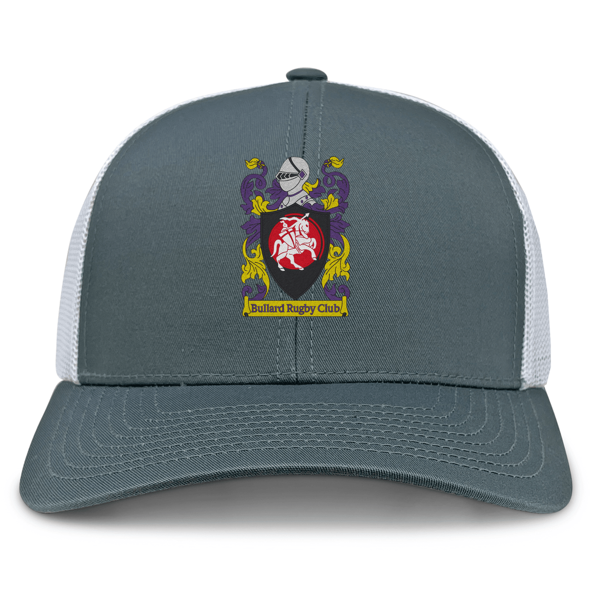 The CenCal Youth Bullard Retro Trucker Cap by EMB S&S Activewear features a gray and white design with a colorful crest, knight's helmet, "Bullard Rugby Club" text, polyester/cotton blend, and snapback closure for the perfect fit.