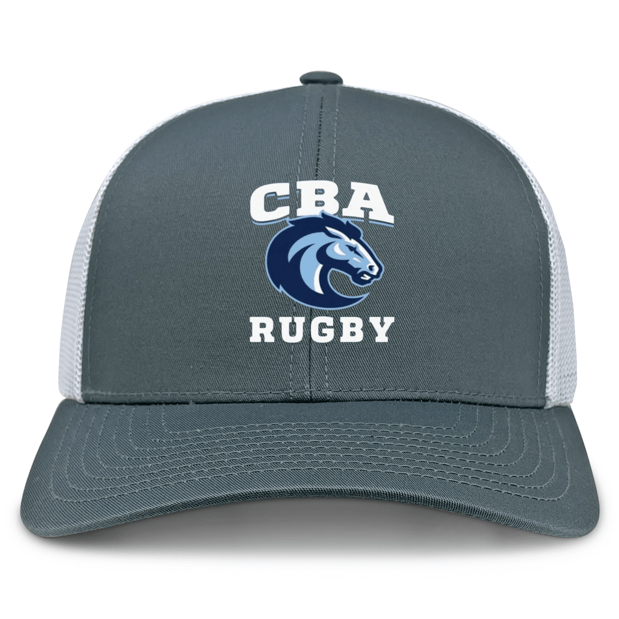 The Christian Brothers Academy Rugby Retro Trucker Cap by EMB S&S Activewear features "CBA Rugby" text and a blue horse head logo on a gray and white polyester cotton blend, with a snapback closure for an adjustable fit.