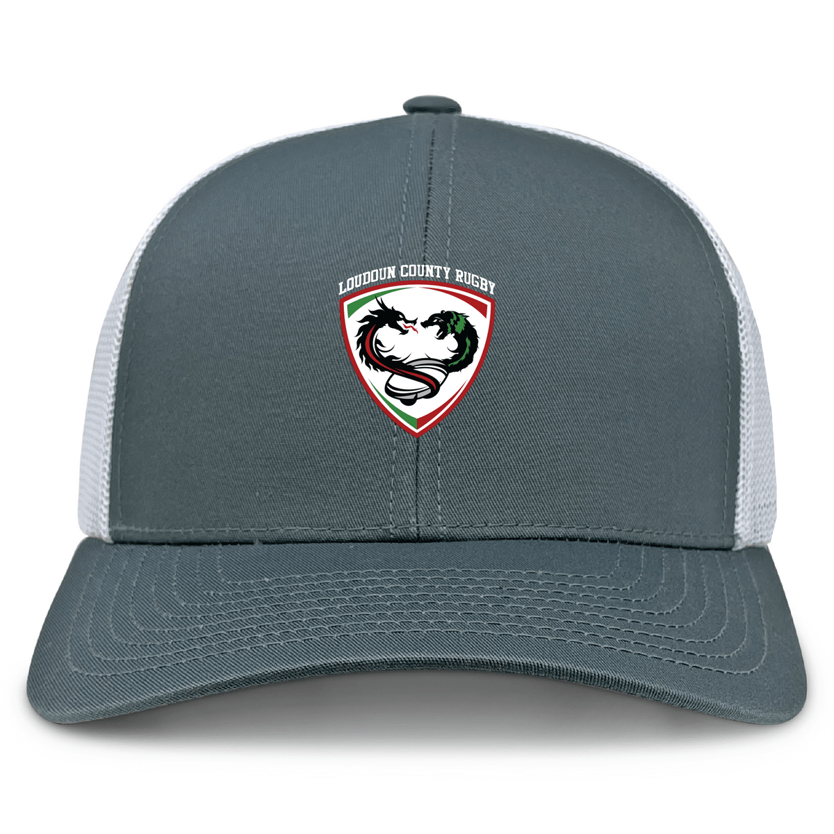 The Loudoun Retro Trucker Cap by EMB S&S Activewear features a gray and white design, an embroidered "Loudoun County Rugby" dragon on the front, and a snapback closure for adjustable fit.