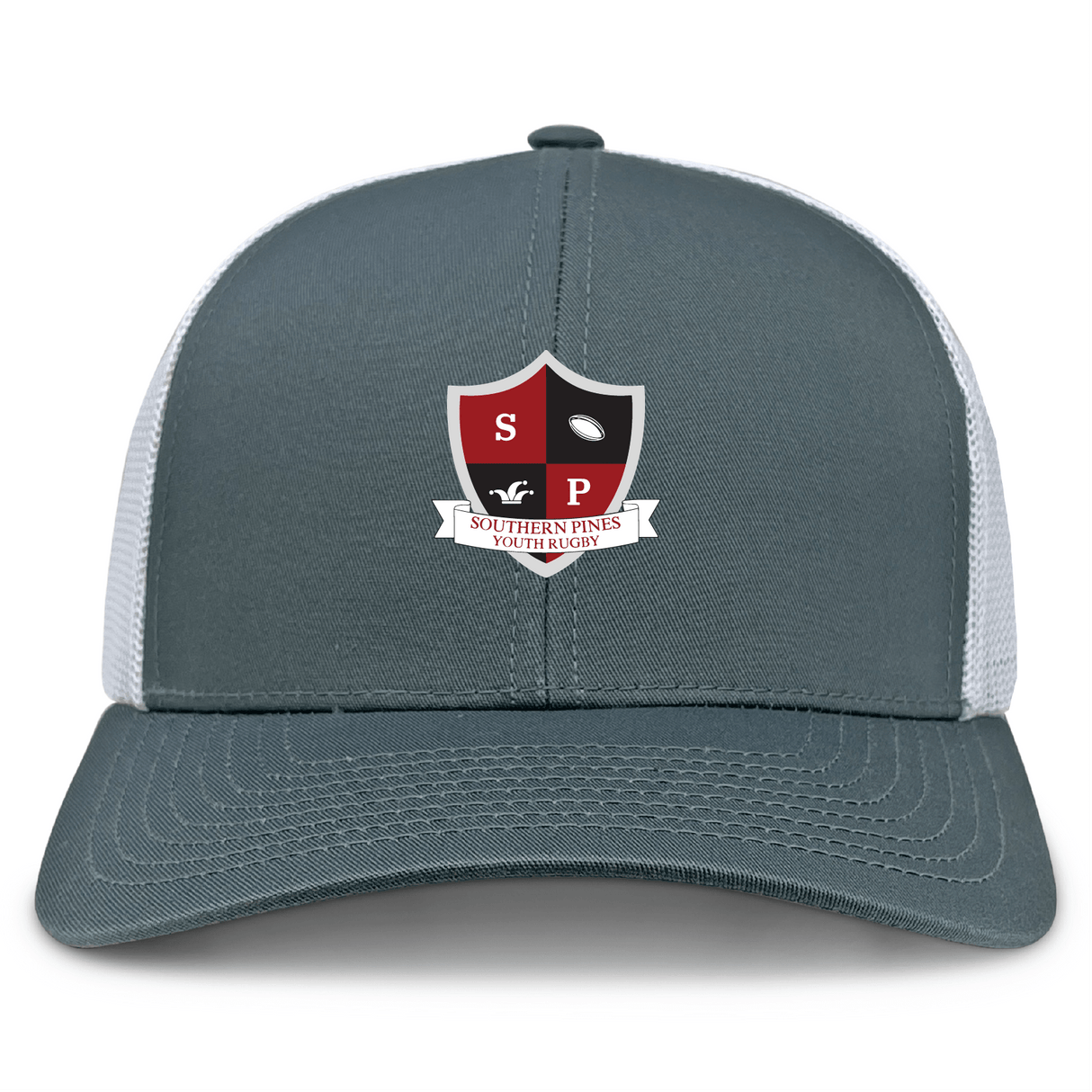 The Southern Pines Youth Rugby Retro Trucker Cap by EMB S&S Activewear features a gray and white design with an embroidered red and black SP shield logo, "Southern Pines Youth Rugby" text, and an adjustable snapback closure.