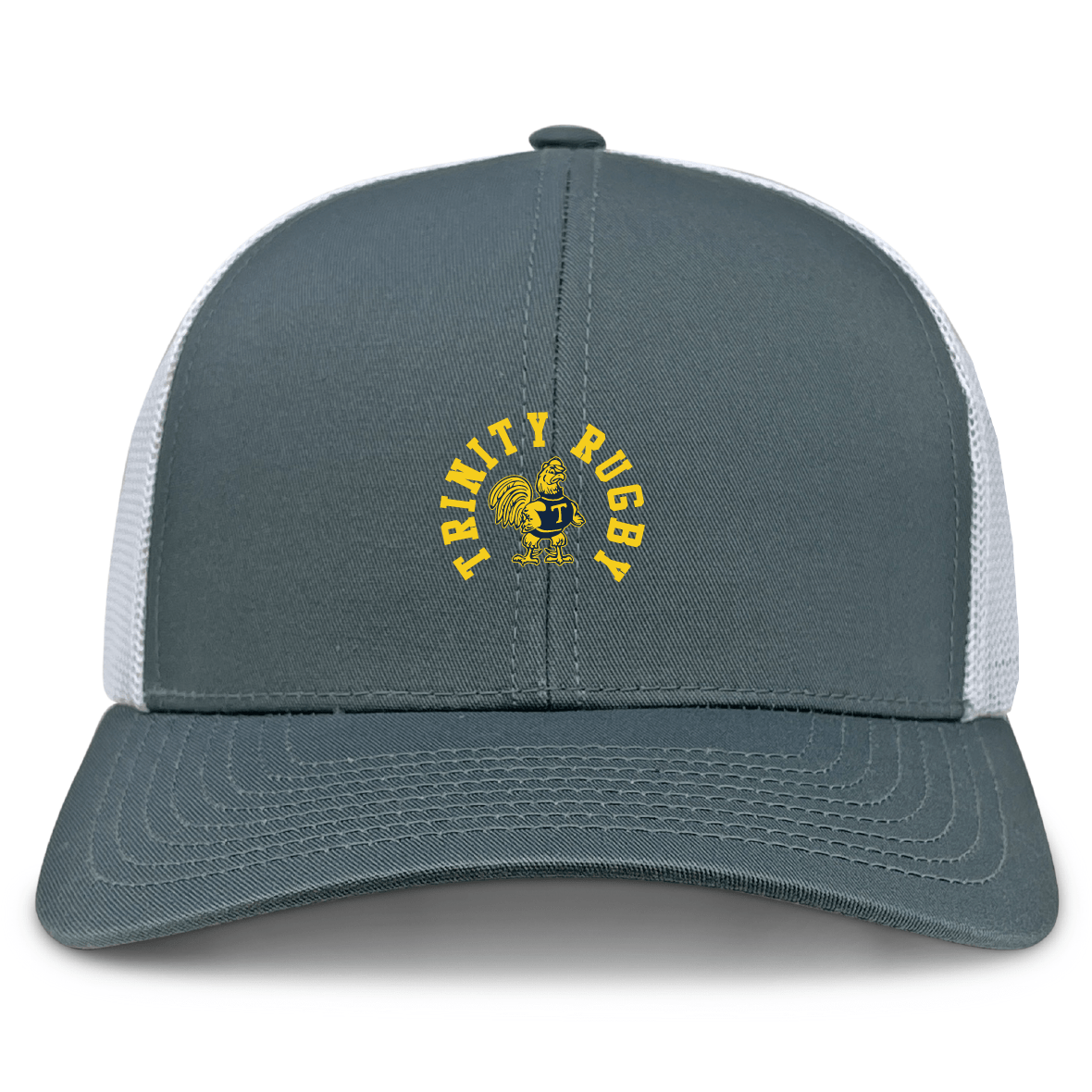 The Trinity College Retro Trucker Cap by EMB S&S Activewear is a gray and white hat with a yellow "Trinity Rugby" embroidered rooster emblem on the front and an adjustable snapback closure.
