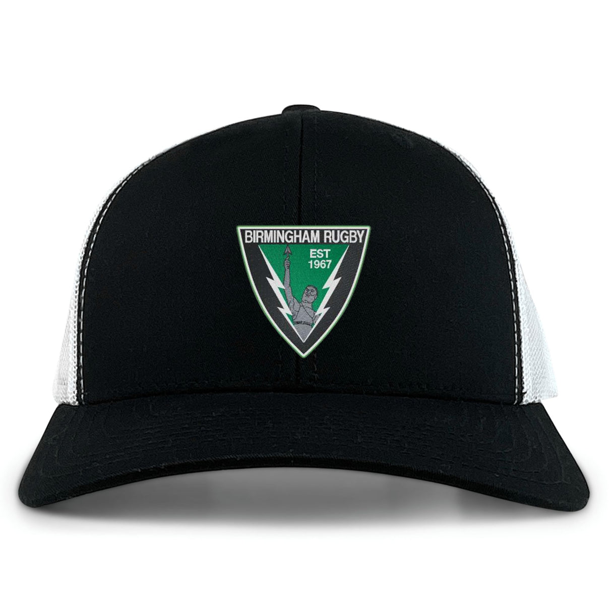 The Birmingham Rugby Retro Trucker Cap by EMB S&S Activewear is a black and white snapback featuring the team logo with a lightning bolt, torch, and "Est 1967" embroidered on the front.
