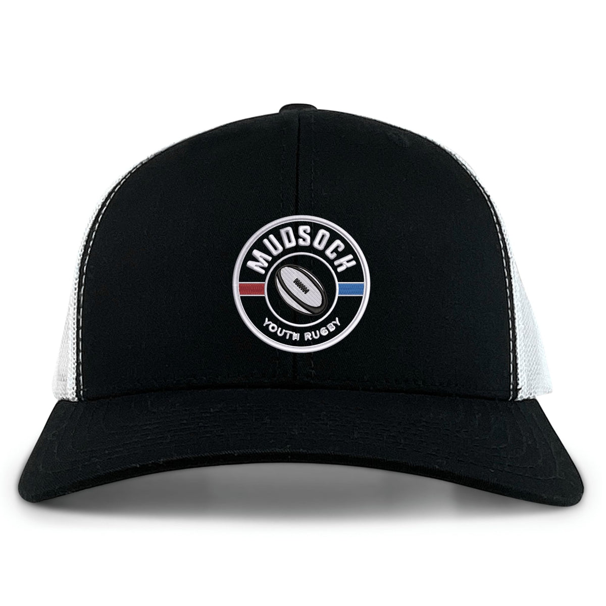 The Mudsock Rugby Retro Trucker Cap by EMB S&S Activewear features a black and white design, circular “Mudsock Youth Rugby” embroidery with a rugby ball and red-blue stripes, plus an adjustable snapback closure.