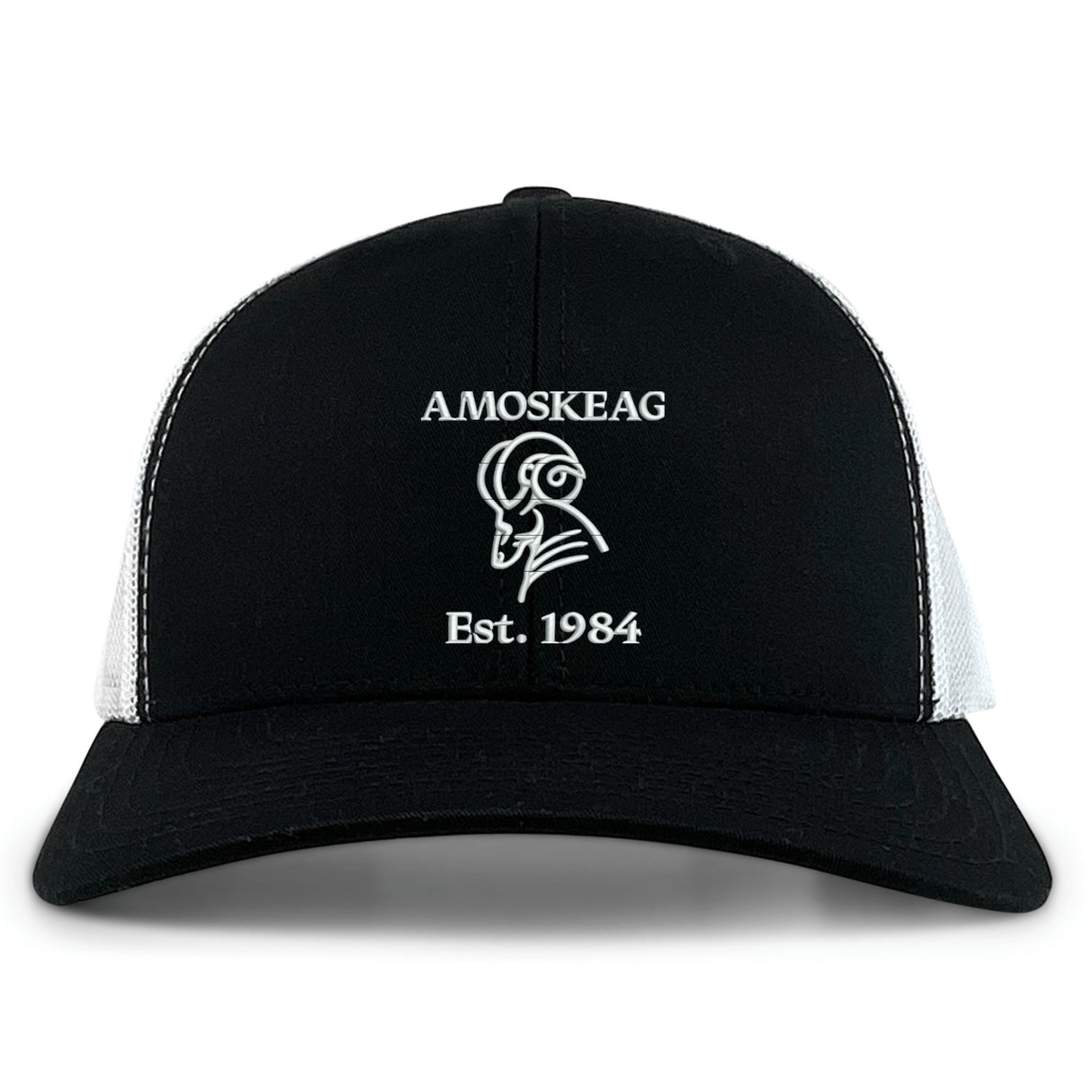 The Amoskeag Rugby Club Retro Trucker Cap by EMB S&S Activewear features black and white panels, an embroidered "AMOSKEAG," bold ram logo, "Est. 1984," and a classic snapback closure.