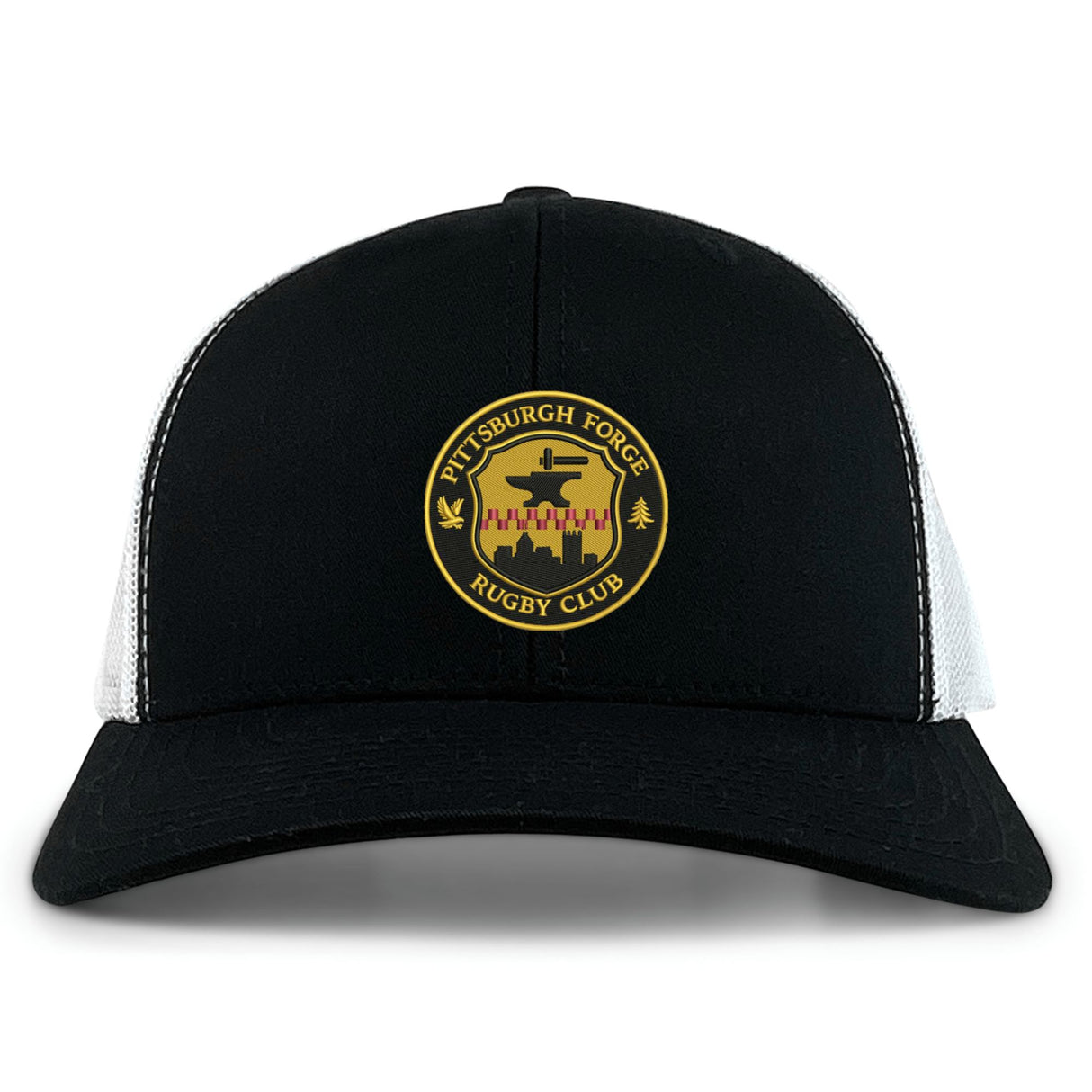 The Pittsburgh Forge Retro Trucker Cap by EMB S&S Activewear features a black and white design, circular club logo in yellow, black, and red, embroidered front, and an adjustable snapback closure for a perfect fit.