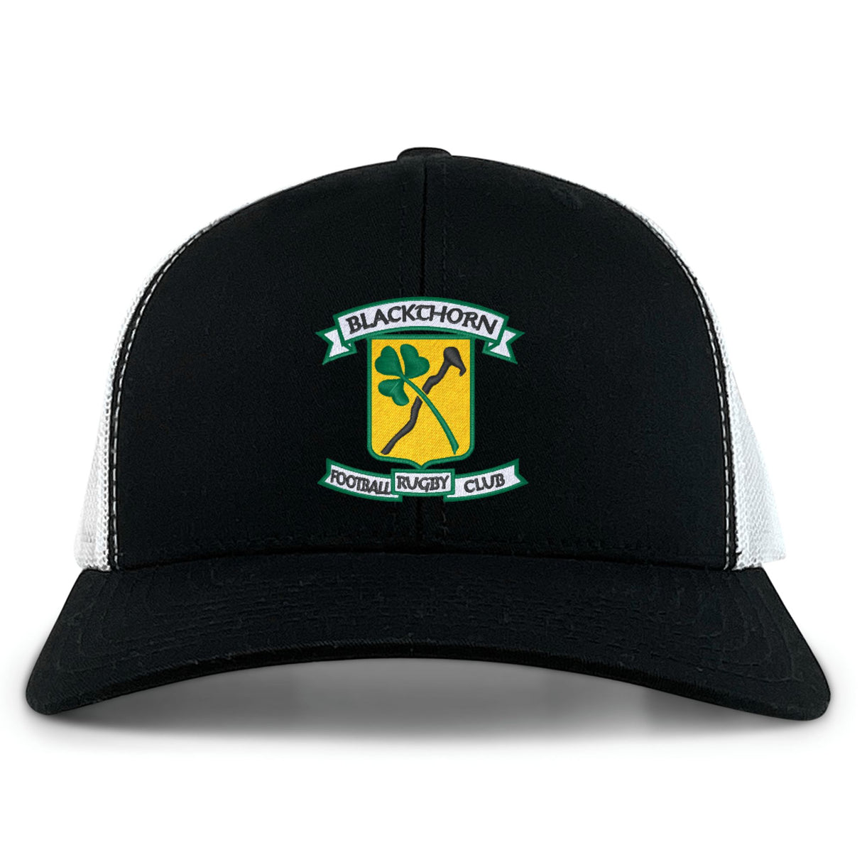 The EMB S&S Activewear Blackthorn RFC Retro Trucker Cap is a black and white cap featuring an embroidered Blackthorn Football Rugby Club logo on the front and a classic adjustable snapback closure.