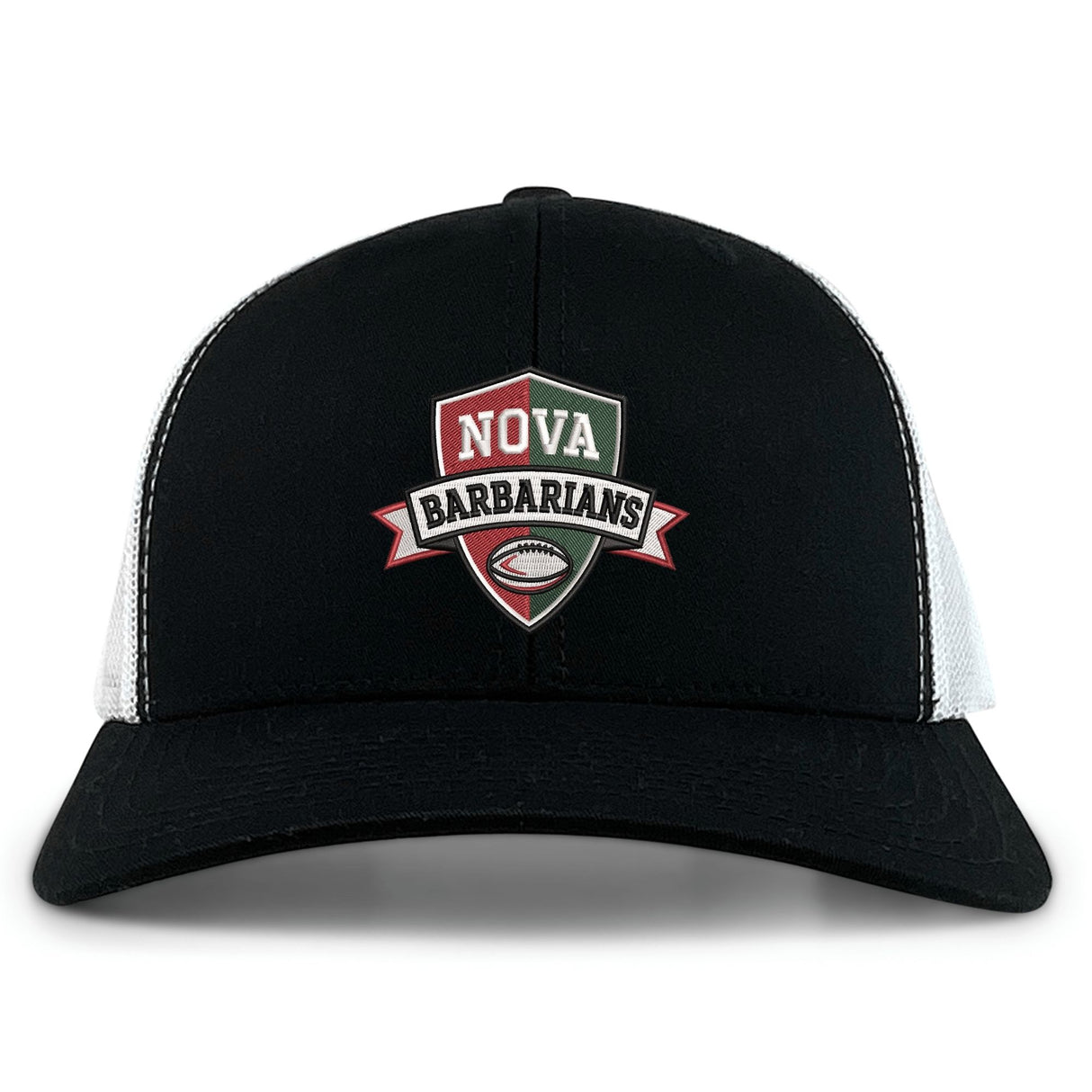 The NOVA Barbarians Retro Trucker Cap by EMB S&S Activewear features black and white panels, an embroidered football logo on the front, and a snapback closure for adjustable fit.