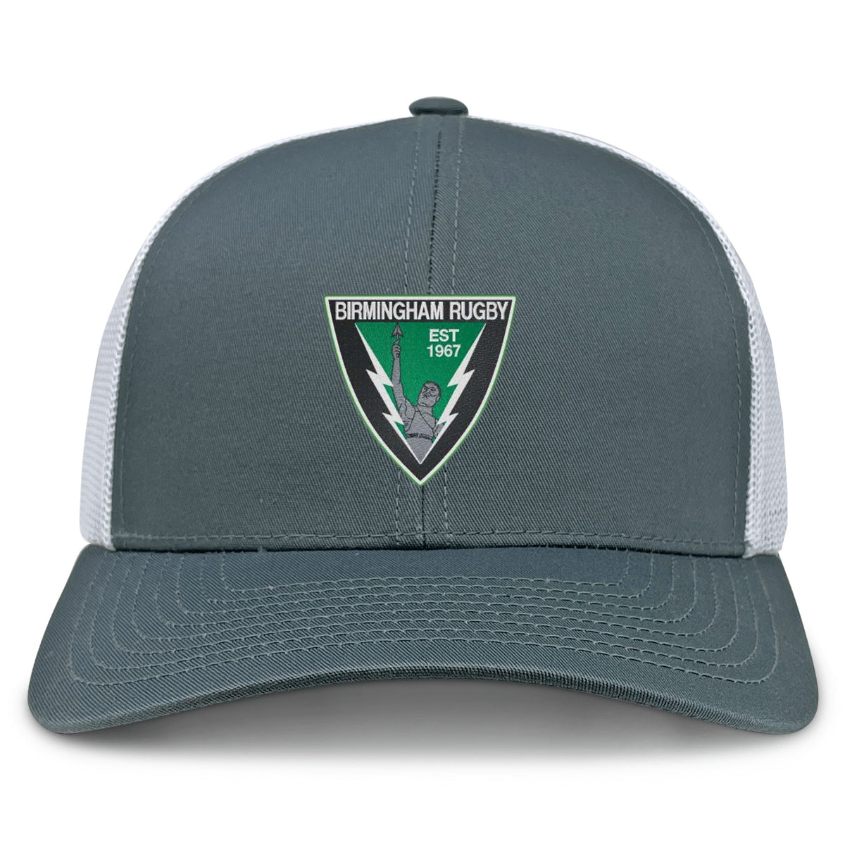 The Birmingham Rugby Retro Trucker Cap by EMB S&S Activewear features a green and black "Birmingham Rugby Est 1967" embroidered front, gray and white design, mesh panels for breathability, and an adjustable snapback closure.