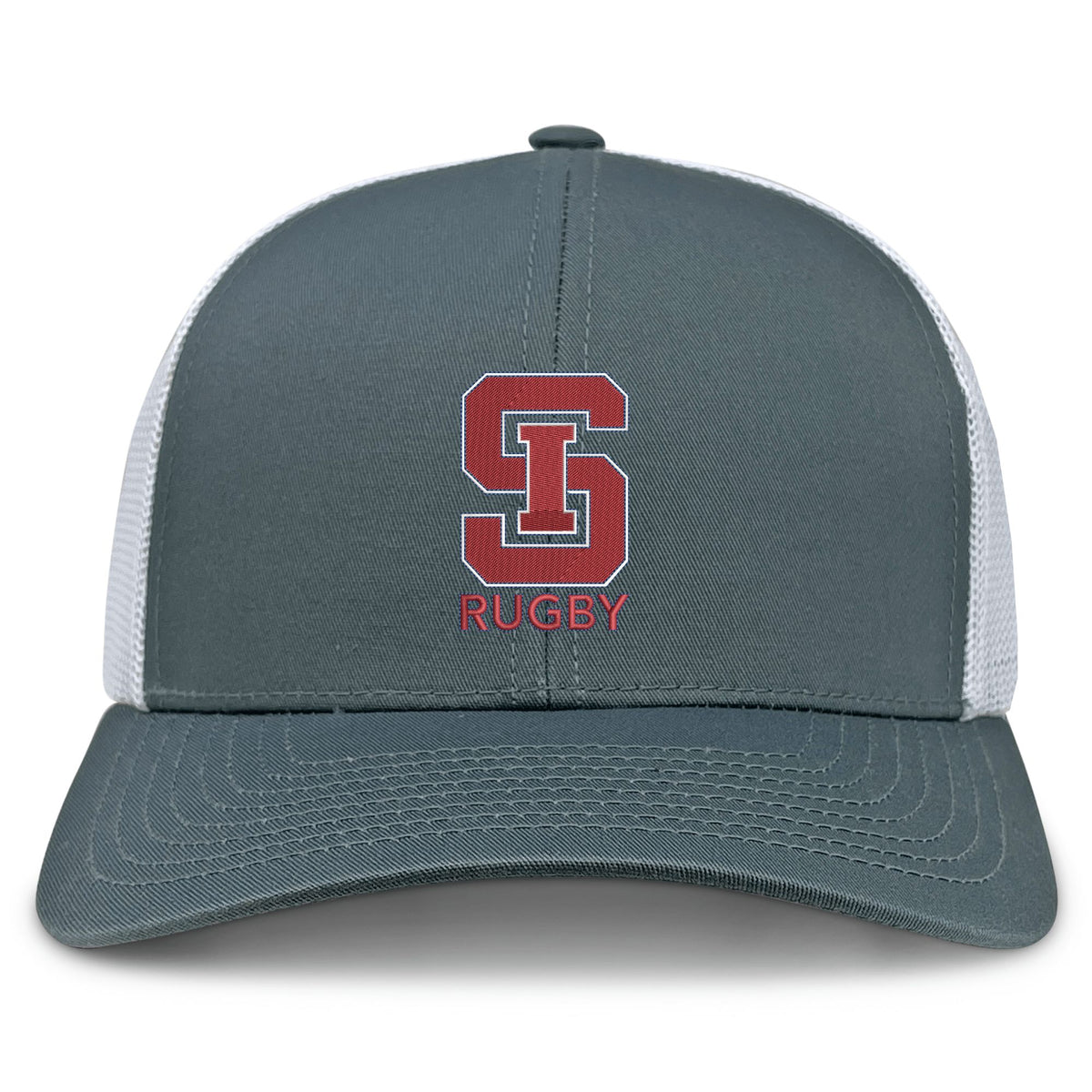 The St. Ignatius Rugby Retro Trucker Cap by EMB S&S Activewear features a gray and white design with a bold red "S" and "RUGBY" embroidered on the front, plus an adjustable snapback closure for comfort.