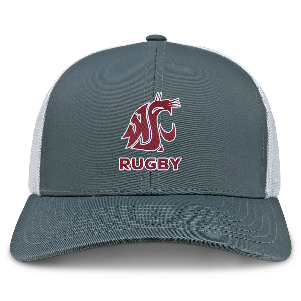 The EMB S&S Activewear Washington State University Retro Trucker Cap features a gray and white mesh design, an embroidered red cougar logo above bold "RUGBY" text on the front, and an adjustable snapback closure.