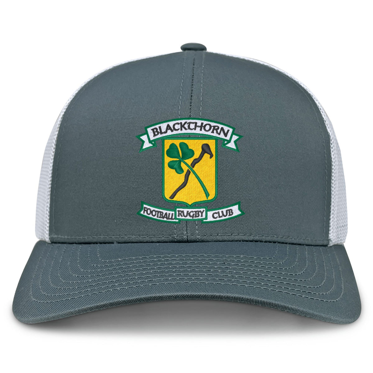 The Blackthorn RFC Retro Trucker Cap by EMB S&S Activewear features a gray and white mesh back, embroidered crest logo with shamrock and blackthorn stick on a yellow shield, and a snapback closure for adjustable fit.