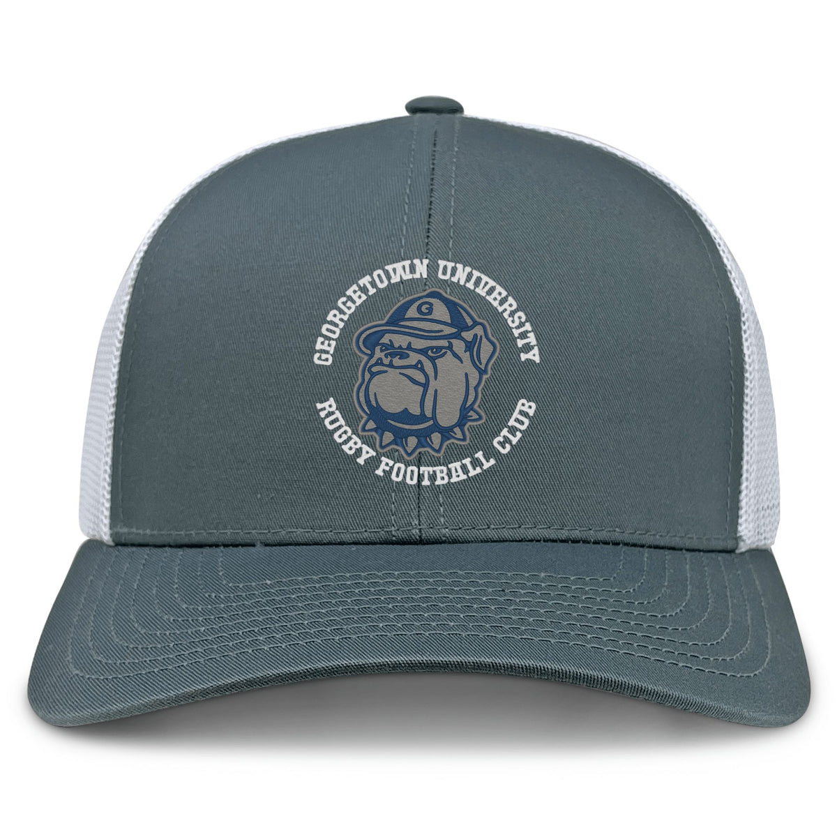 The EMB S&S Activewear Georgetown University RFC Retro Trucker Cap features a gray and white design, an embroidered bulldog mascot logo on the front, and a snapback closure for easy adjustment.