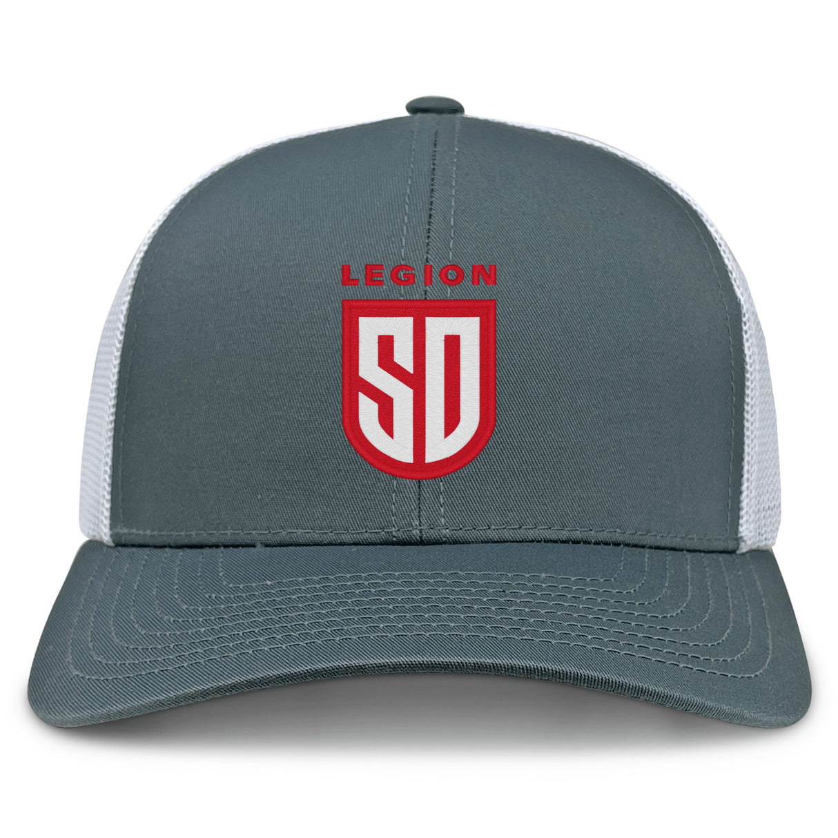 The EMB S&S Activewear San Diego Legion Rugby Academy Retro Trucker Cap is gray and white with a red and white "Legion SD" embroidered design on the front.