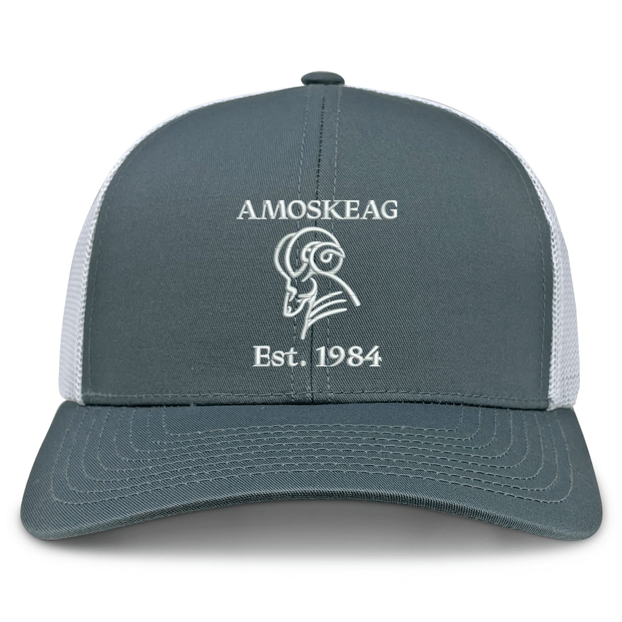 The Amoskeag Rugby Club Retro Trucker Cap by EMB S&S Activewear features a gray and white design with embroidered "AMOSKEAG," a ram head logo, "Est. 1984" on the front, and a classic snapback for adjustable comfort.