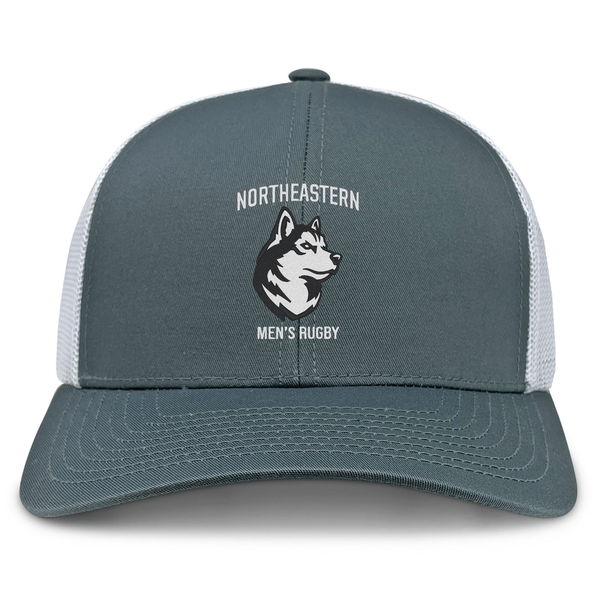 The Northeastern University Men's Rugby Retro Trucker Cap by EMB S&S Activewear features a gray and white design with an embroidered husky head logo, "Northeastern Men's Rugby" text, and an adjustable snapback closure.