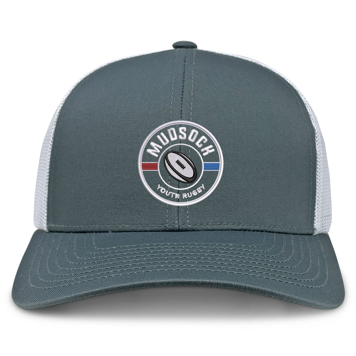 The Mudsock Rugby Retro Trucker Cap by EMB S&S Activewear is a gray and white cap with a circular "Mudsock Youth Rugby" embroidered patch on the front and classic snapback closure.