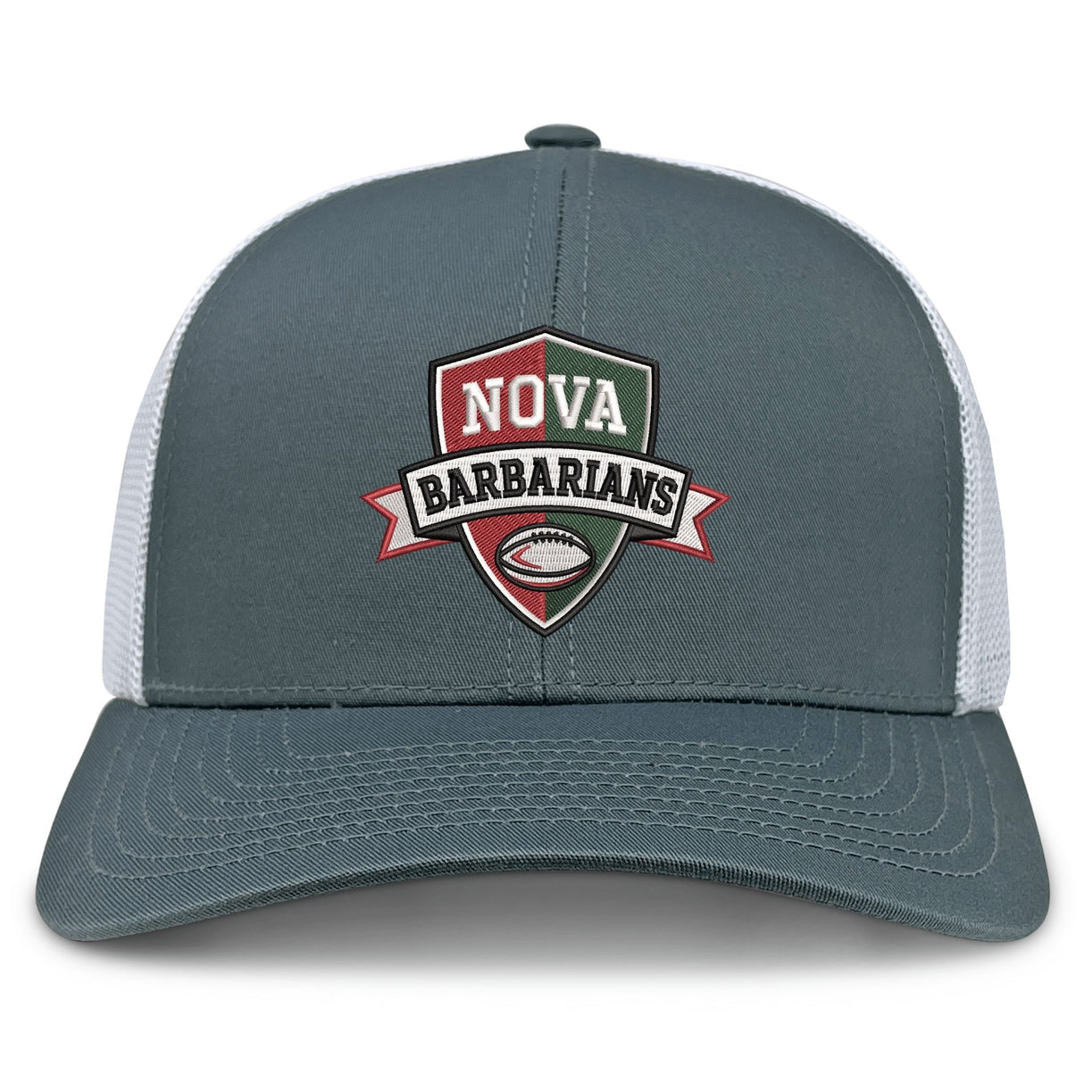 The NOVA Barbarians Retro Trucker Cap by EMB S&S Activewear is a gray and white hat with a shield-shaped "NOVA BARBARIANS" patch, football graphic, and an adjustable snapback closure.
