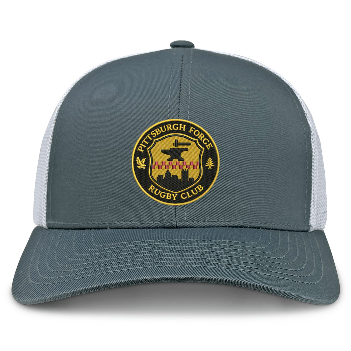 The Pittsburgh Forge Retro Trucker Cap by EMB S&S Activewear features a gray and white design, round embroidered club logo in yellow, black, and red on the front, and an adjustable snapback closure for a custom fit.