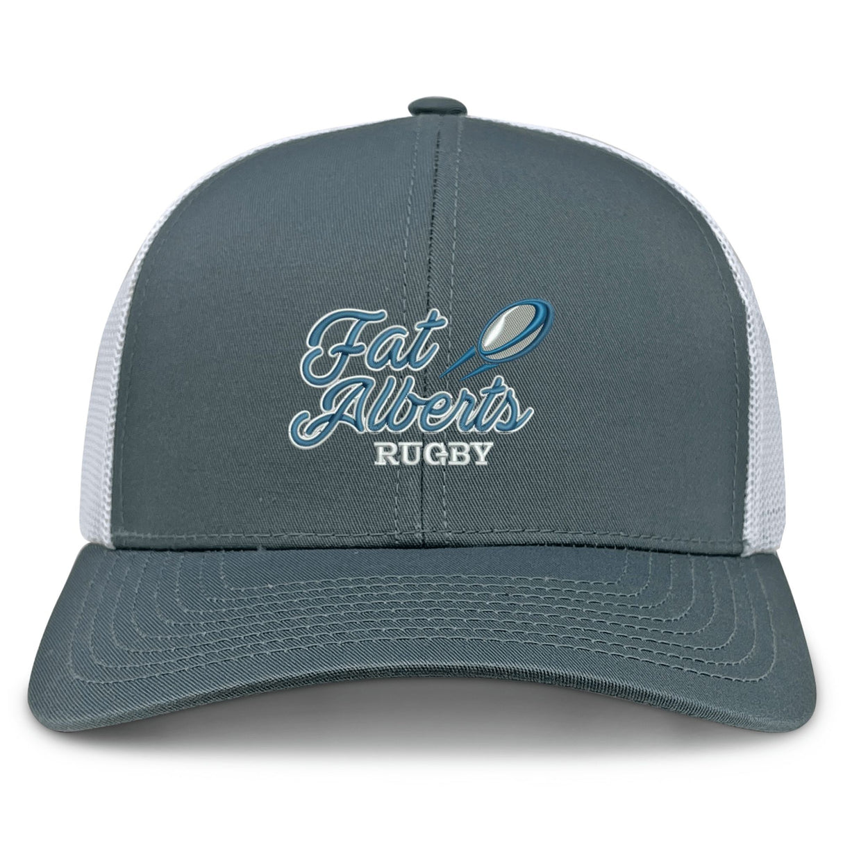 The Gulf Coast Fat Alberts Retro Trucker Cap by EMB S&S Activewear features a gray and white design with "Fat Alberts Rugby" and a rugby ball graphic on the front, plus an adjustable snapback closure.