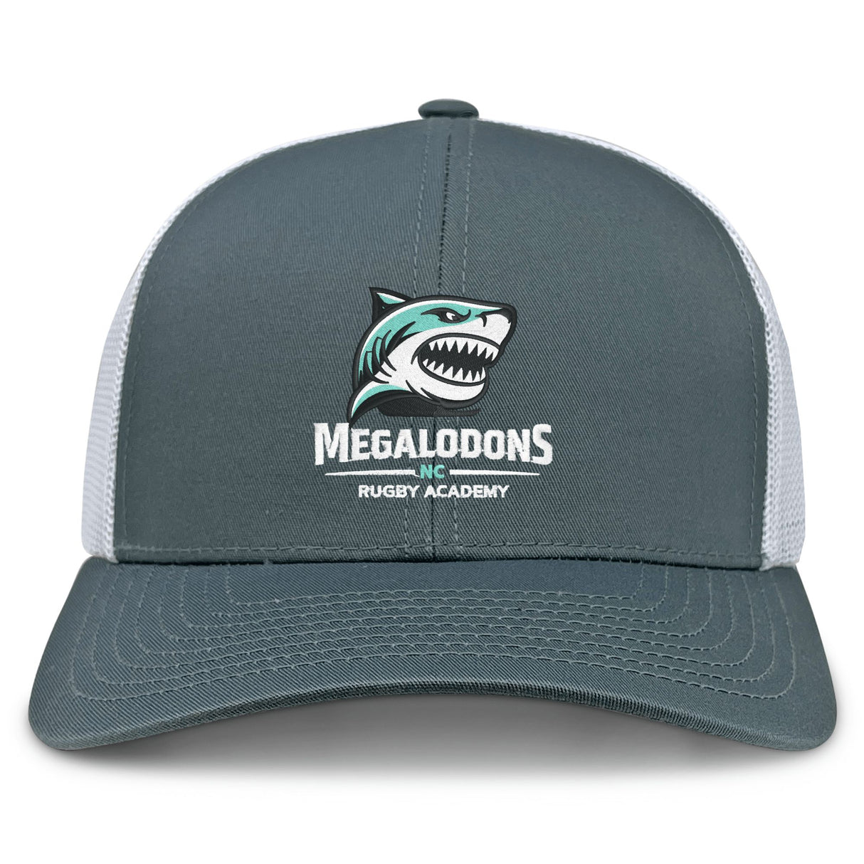 The EMB S&S Activewear NC Rugby Academy - Megalodons Retro Trucker Cap features a gray and white design with an embroidered shark logo and “Megalodons Rugby Academy” on the front, plus a snapback closure.