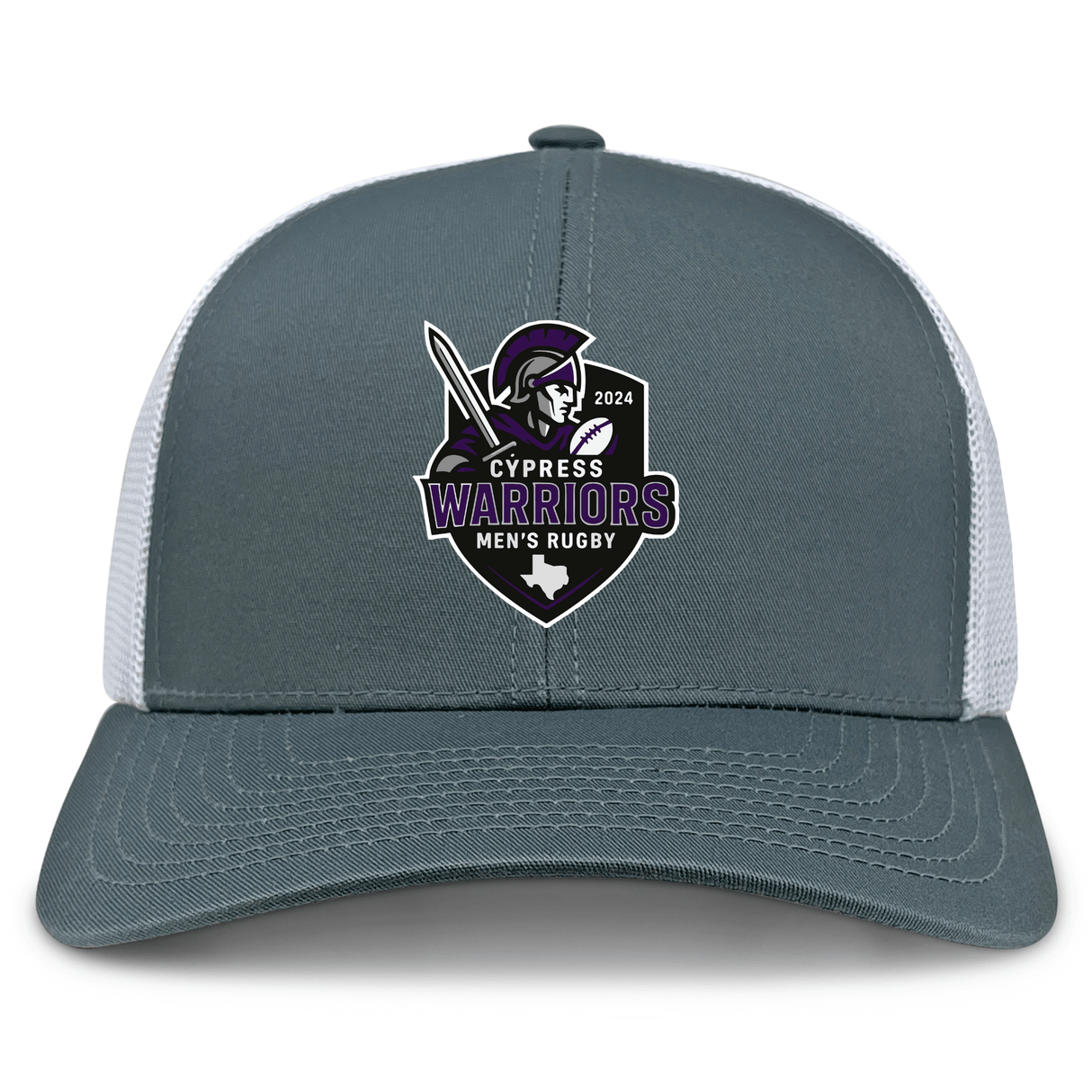 The Cypress Warriors Men's Rugby Retro Trucker Cap by EMB S&S Activewear features a gray and white design with an embroidered 2024 logo—warrior helmet, sword, Texas outline—and an adjustable snapback closure.