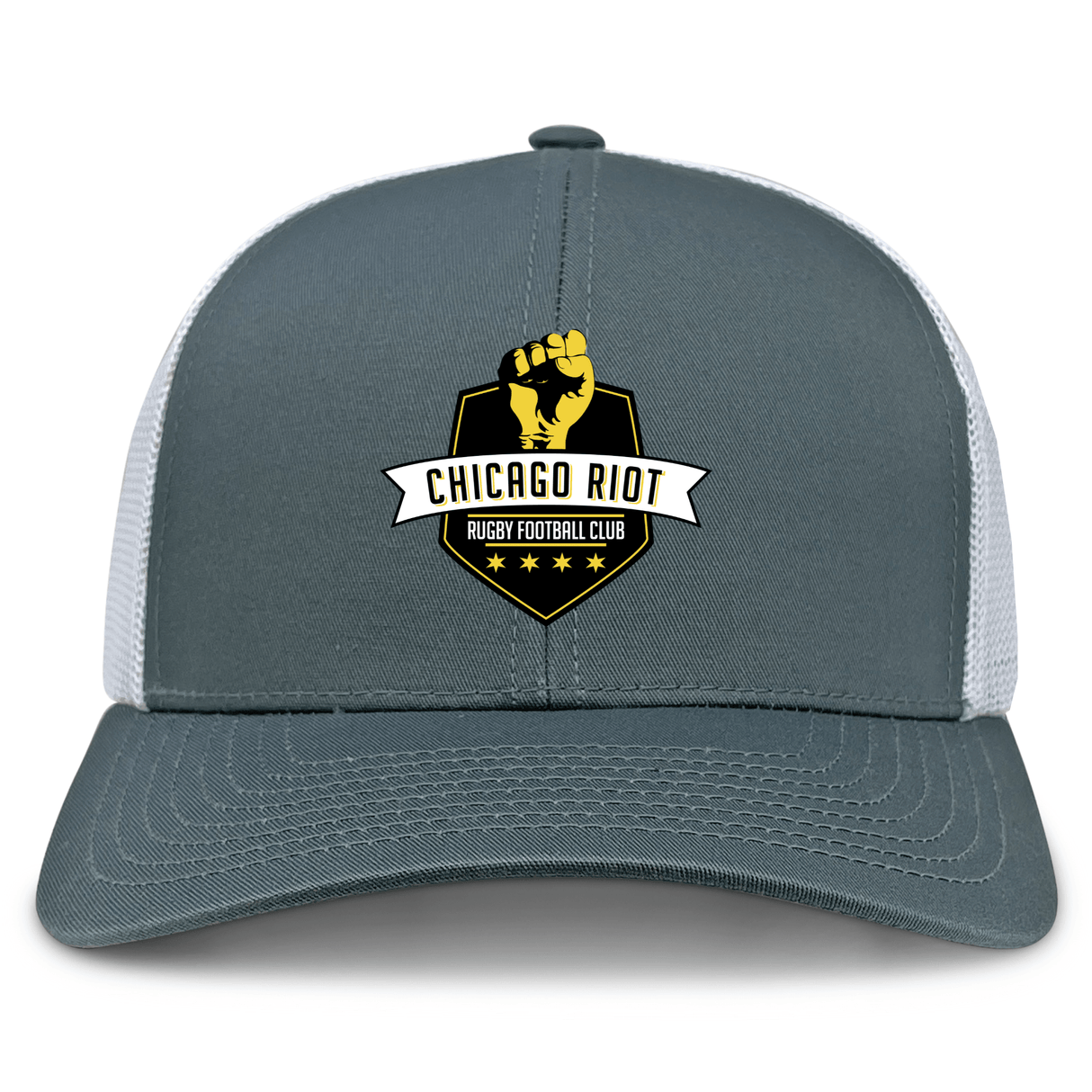 The Chicago Riot Retro Trucker Cap by EMB S&S Activewear features gray and white panels, an embroidered club logo with a raised fist and five stars, and an adjustable snapback for comfort.