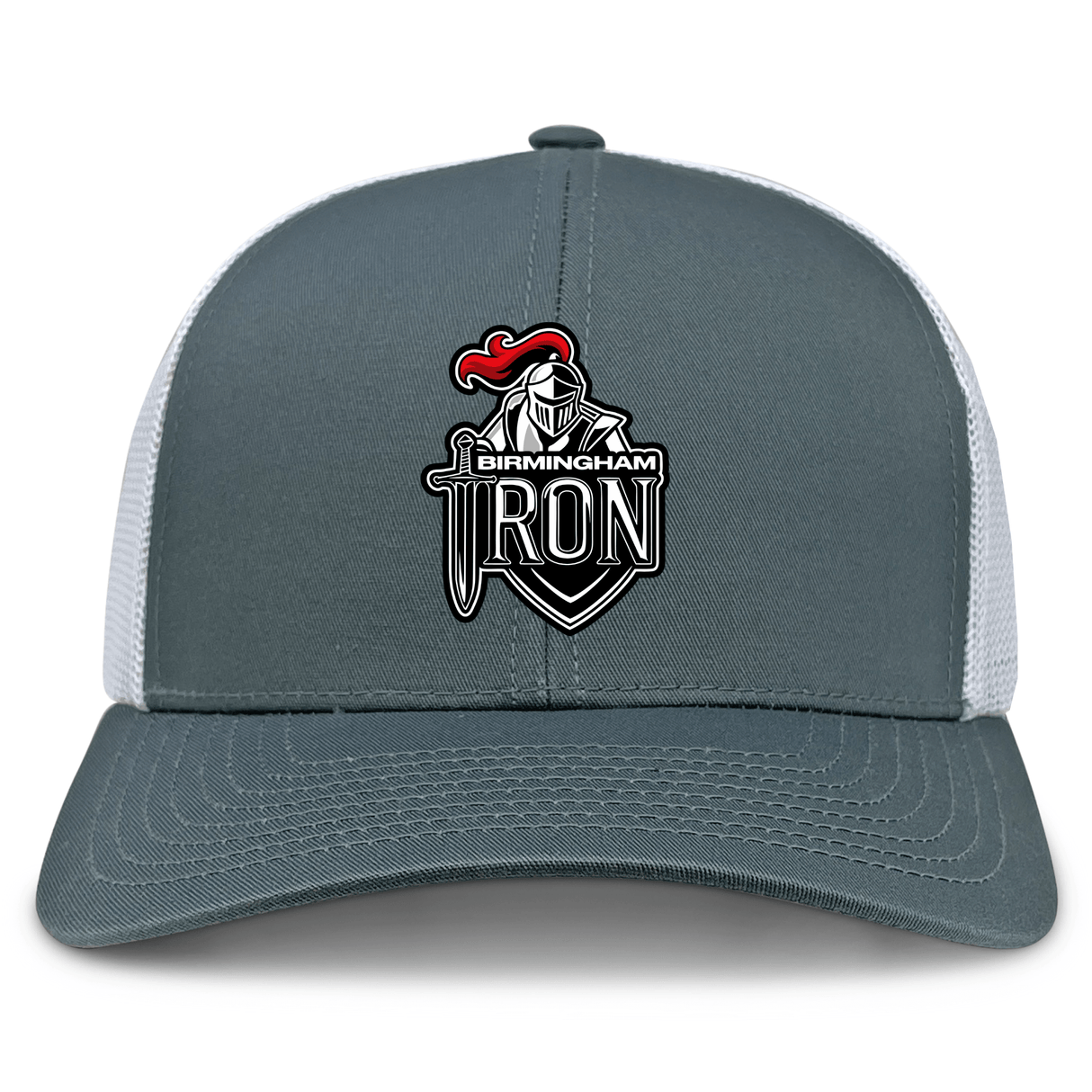 The EMB S&S Activewear Birmingham Iron Women's Football Retro Trucker Cap features a gray and white design with an embroidered team logo on the front and an adjustable snapback for a comfortable fit.