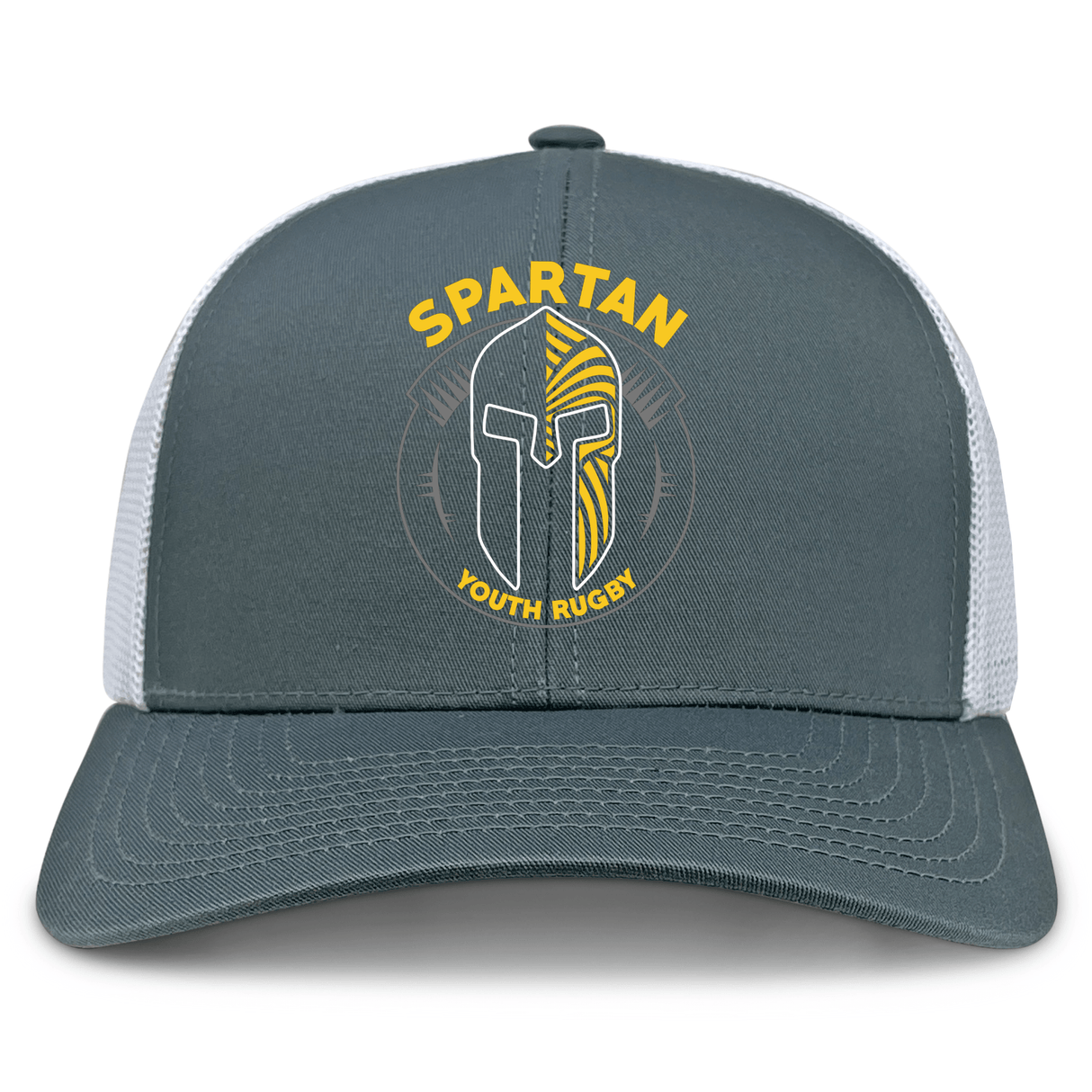 The Spartan Youth Rugby Retro Trucker Cap by EMB S&S Activewear features a gray and white design with an embroidered Spartan helmet, yellow "SPARTAN YOUTH RUGBY" text on the front, and a classic snapback closure.