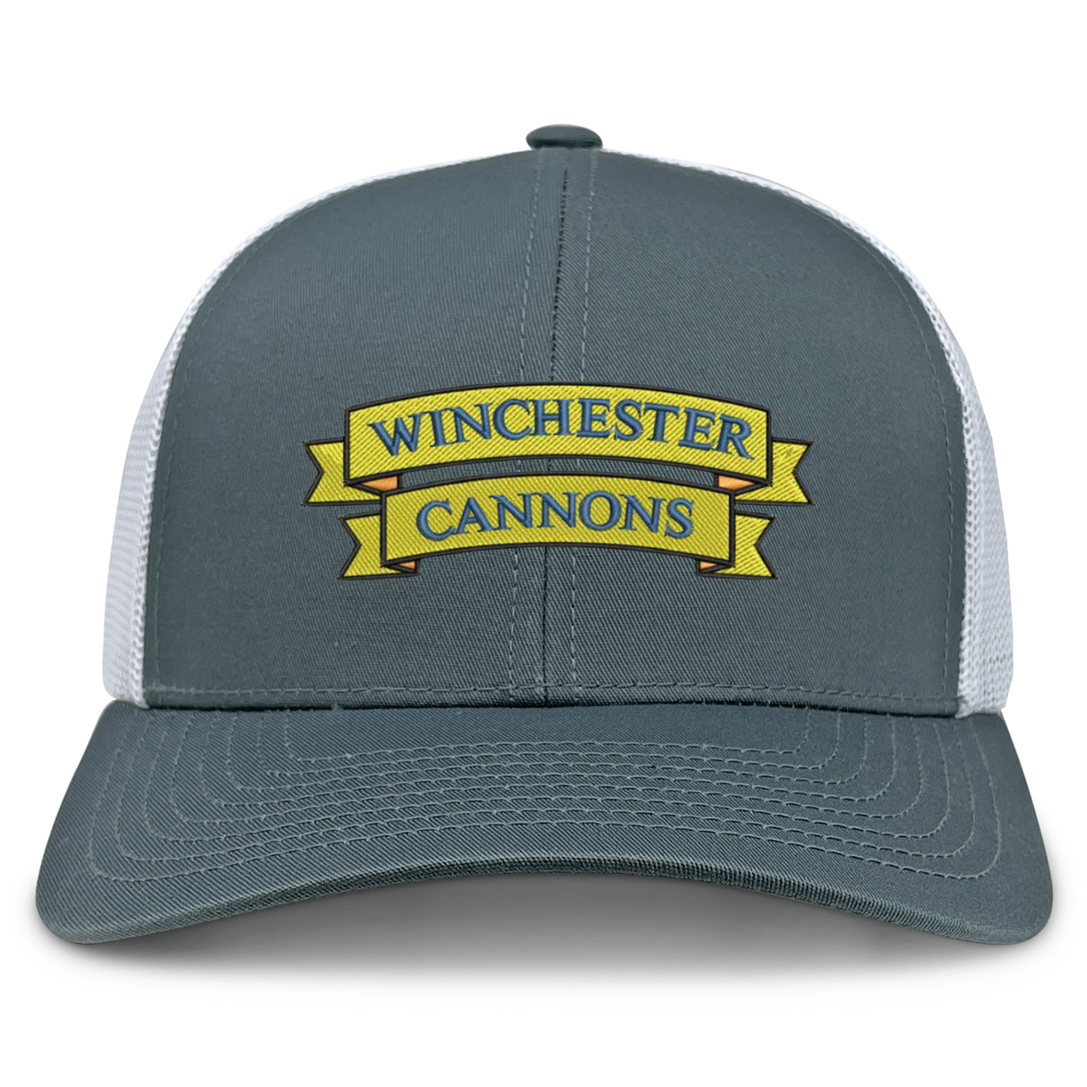 The Winchester Cannons Retro Trucker Cap by EMB S&S Activewear features a gray and white design, yellow banner logo with blue "Winchester Cannons" embroidery, and an adjustable snapback closure.