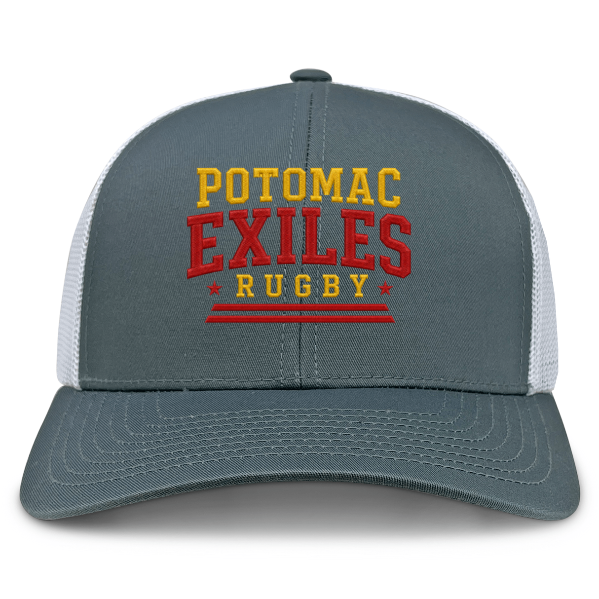 The Potomac Exiles Rugby Club Retro Trucker Cap by EMB S&S Activewear features a gray and white mesh design with "Potomac Exiles Rugby" embroidered in bold red and yellow lettering on the front. It offers an adjustable snapback closure for a comfortable fit and showcases a standout classic embroidered style.