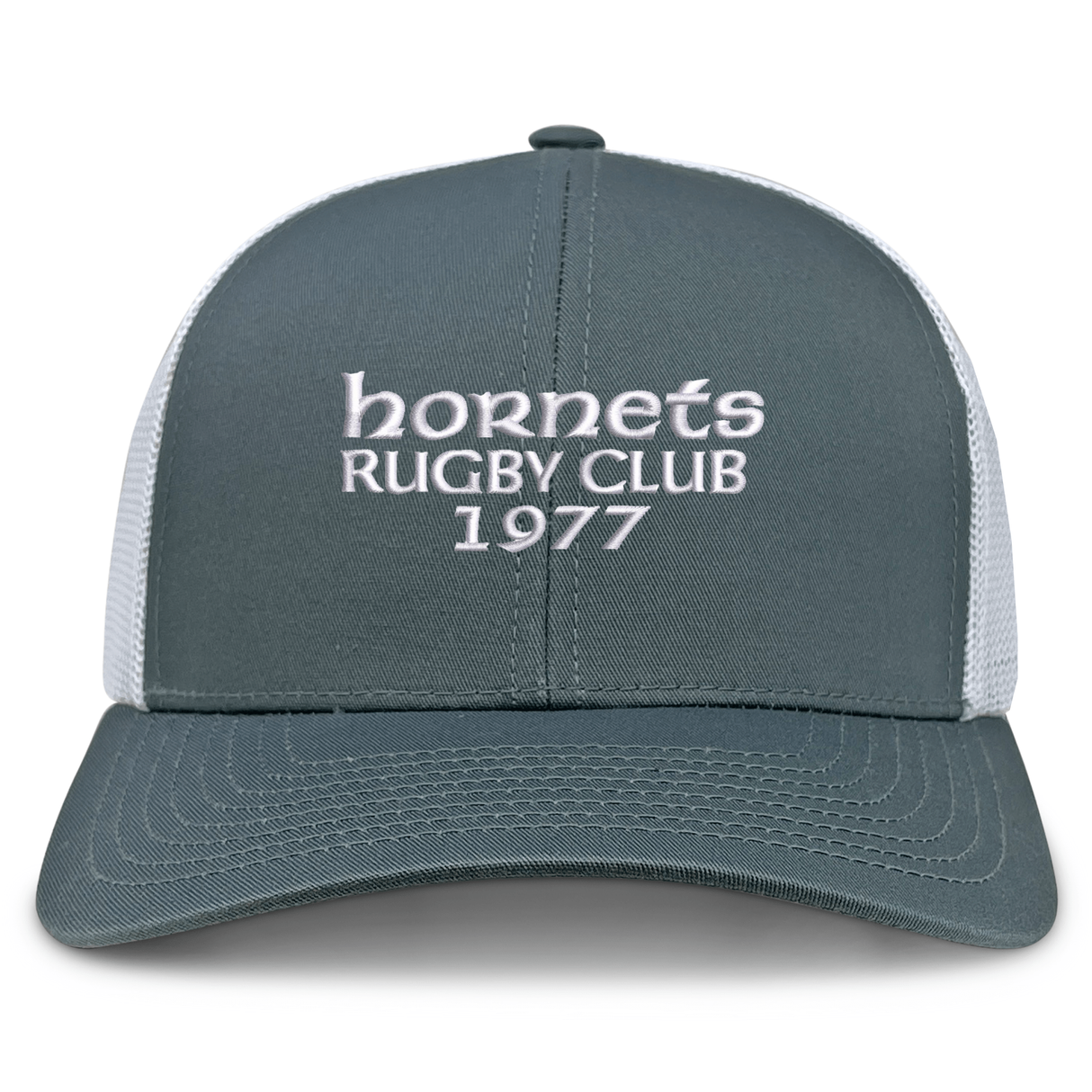 Introducing the Hornets Rugby Club 1977 Retro Trucker Cap by EMB S&S Activewear—a gray and white cap showcasing a bold, embroidered "hornets RUGBY CLUB 1977" design on the front panel. Designed with an adjustable snapback closure to ensure a comfortable fit.