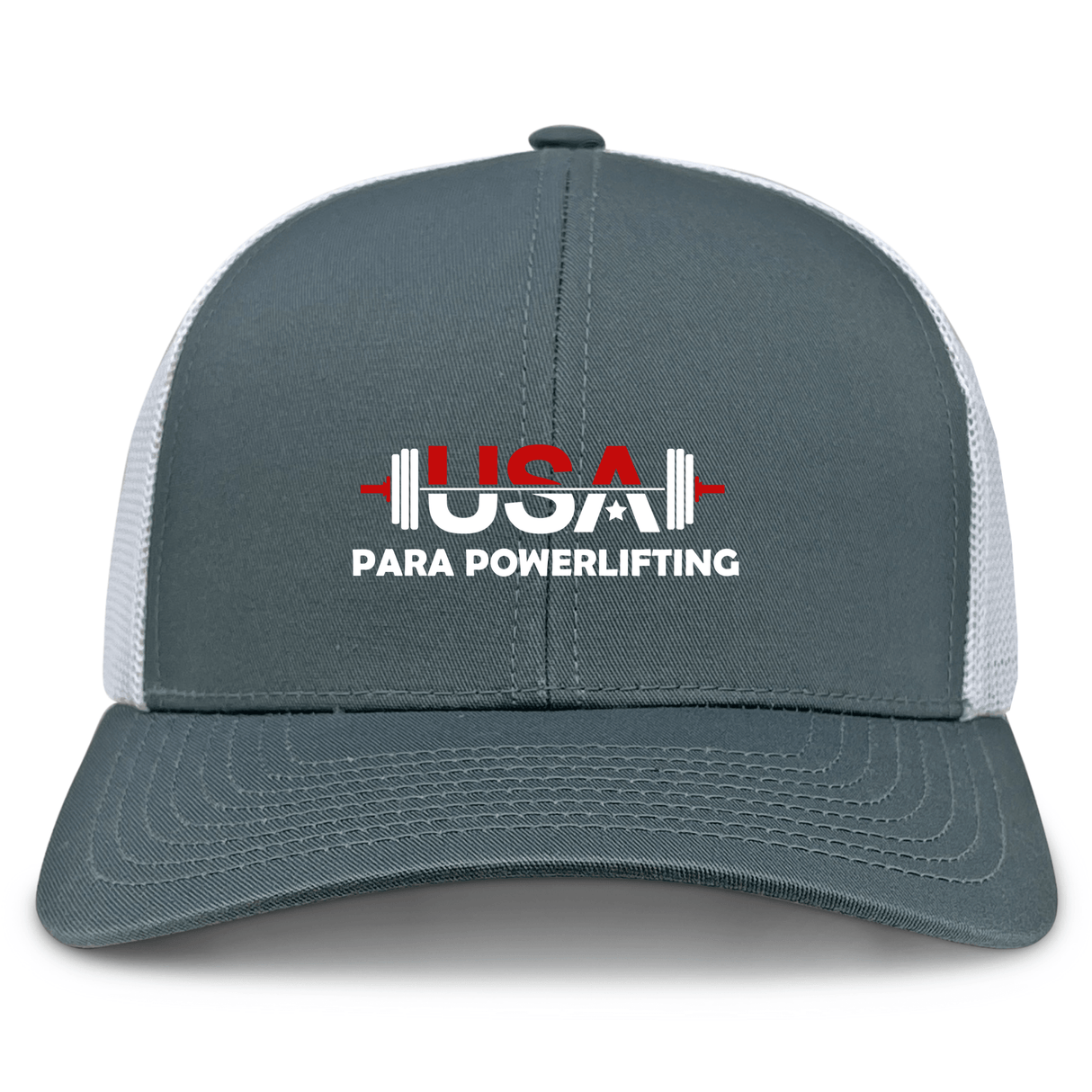 The EMB S&S Activewear USA Para Powerlifting Retro Trucker Cap features gray and white panels, embroidered "USA Para Powerlifting" text, a red and white barbell graphic on the front, and a snapback closure for adjustable fit.