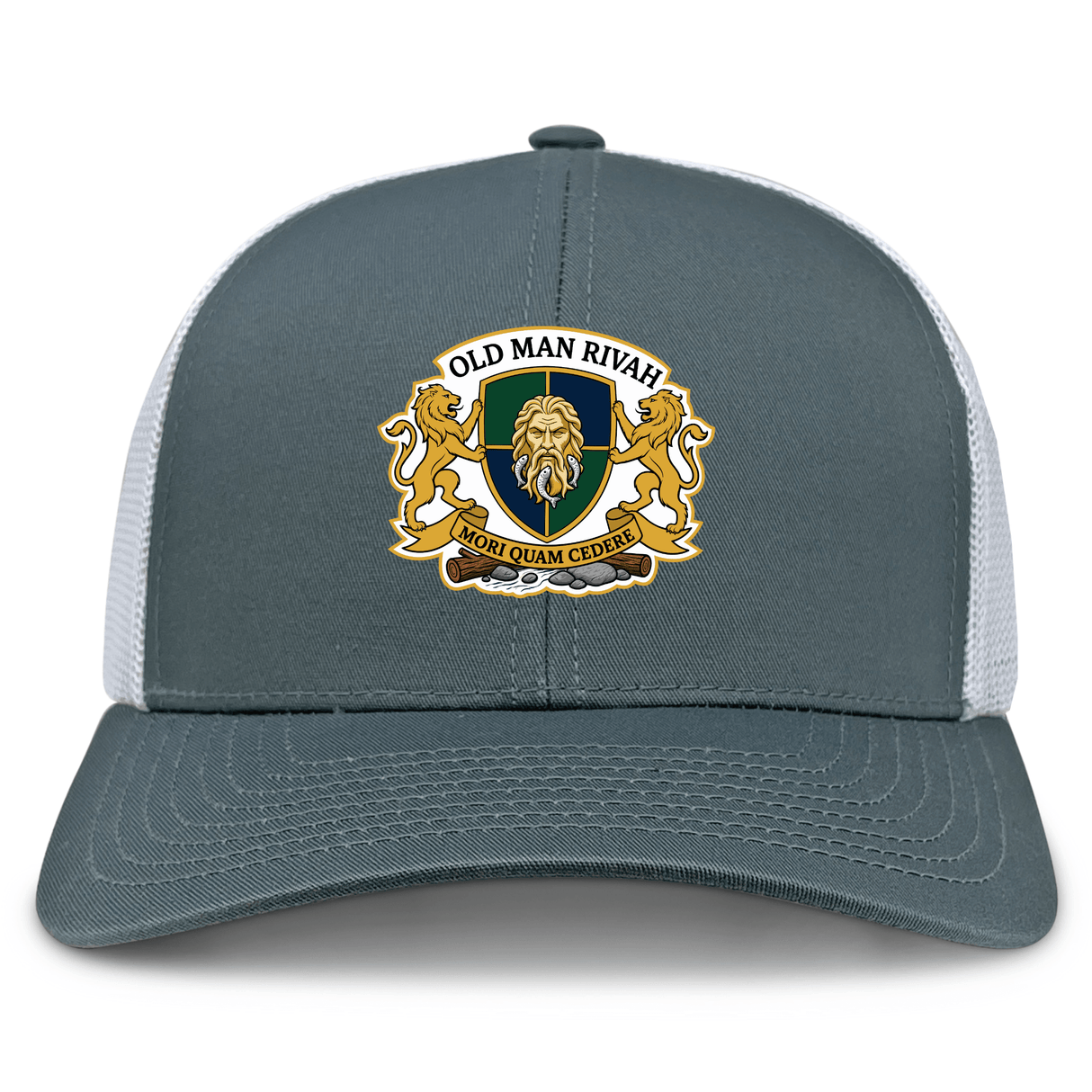 The Old Man Rivah Rugby Retro Trucker Cap by EMB S&S Activewear features a gray and white design with an embroidered gold lion crest, "Old Man Rivah" and "Mori Quam Cedere" text, plus a classic snapback closure for adjustable fit.