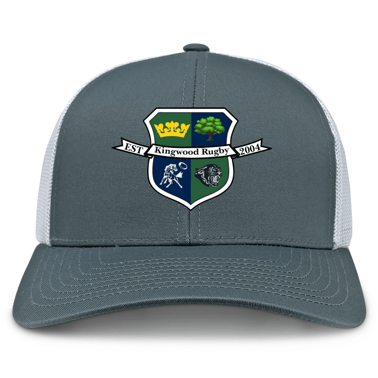 The Kingwood Rugby Retro Trucker Cap by EMB S&S Activewear features a grey and white design, embroidered Kingwood Rugby logo on the front, and a classic snapback closure.
