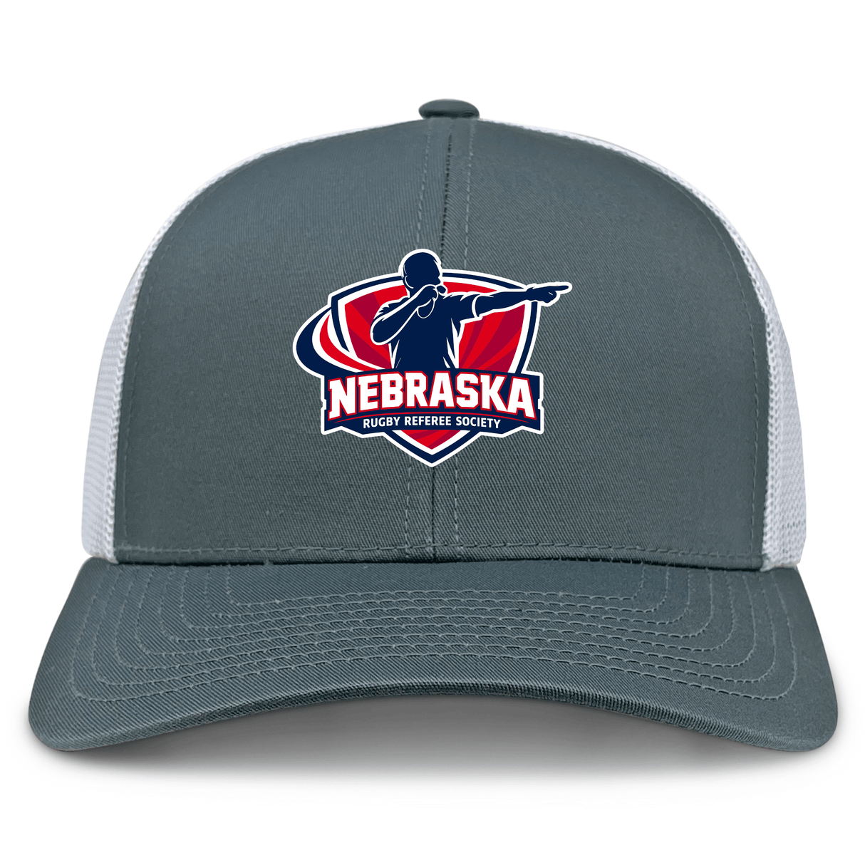 The Nebraska Rugby Referee Society Retro Trucker Cap by EMB S&S Activewear features a gray and white design with an embroidered logo on the front panel and a snapback closure.
