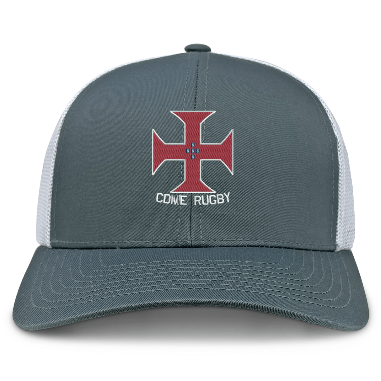 The SF CDME Rugby Retro Trucker Cap by EMB S&S Activewear features a gray and white design with an embroidered red cross emblem accented by blue dots, and the “CDME RUGBY” text beneath. It is finished with a snapback closure for an adjustable fit.