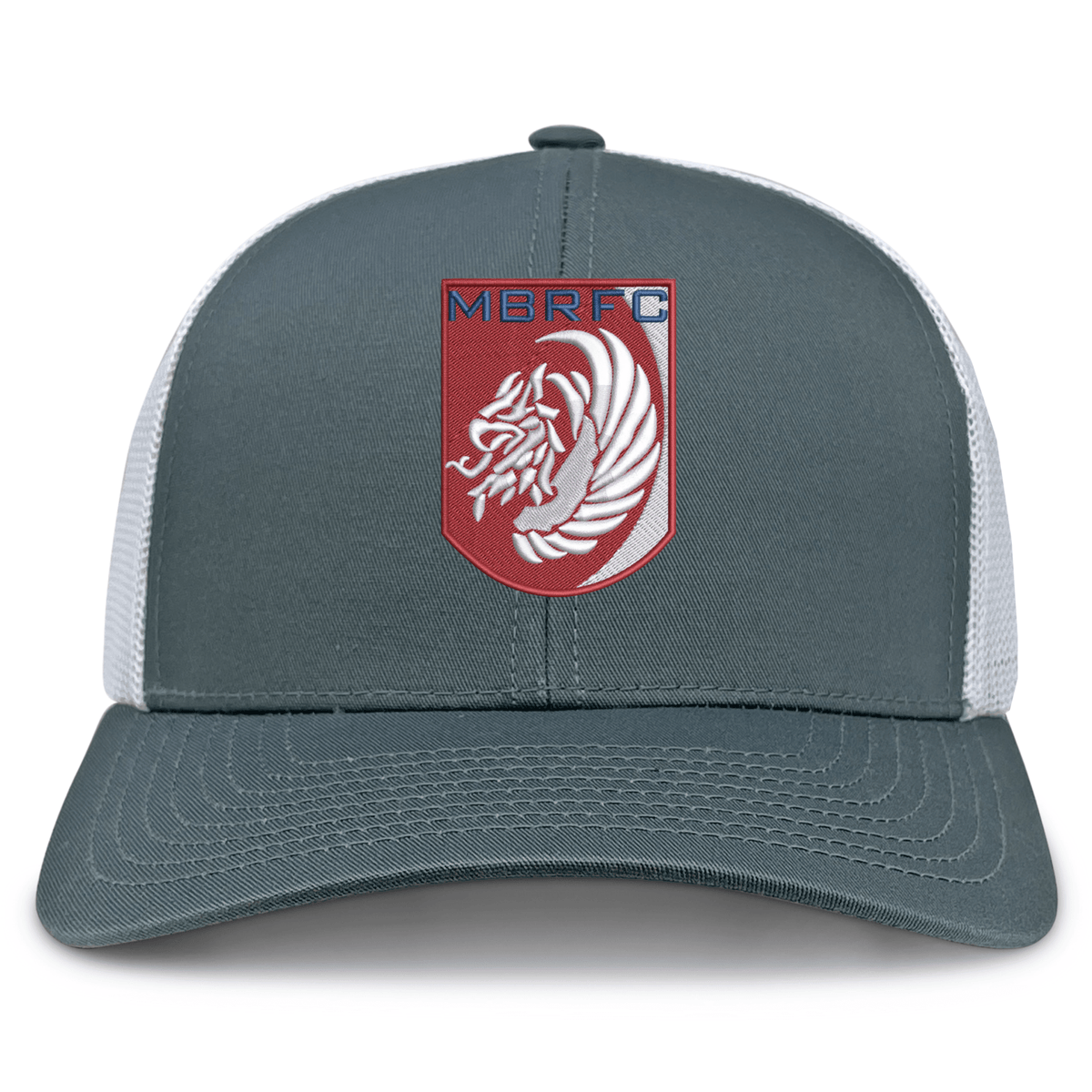 The Montgomery Bucks Griffins Retro Trucker Cap by EMB S&S Activewear is a gray and white hat with a red and blue "MBRFC" lion logo on the front and an adjustable snapback closure for the perfect fit.