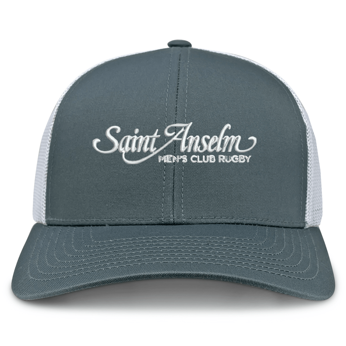 The Saint Anselm College Club Rugby Retro Trucker Cap by EMB S&S Activewear features gray and white panels, "Saint Anselm Men's Club Rugby" embroidered on the front, and an adjustable snapback closure.