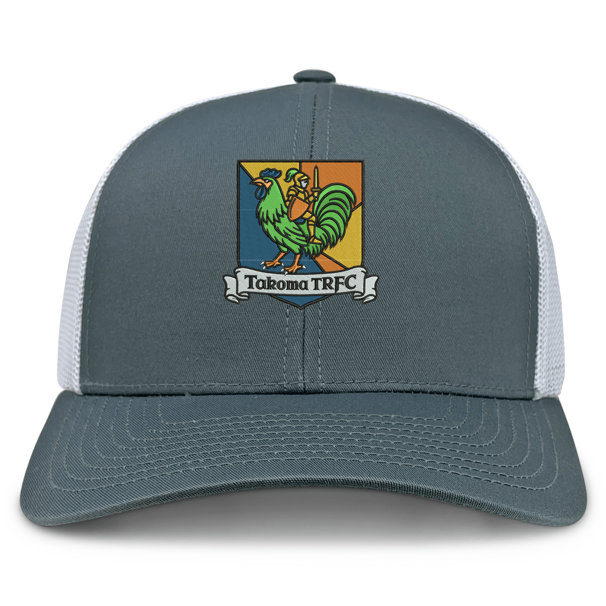 Takoma Touch Rugby Retro Trucker Cap in grey and white, featuring an embroidered shield logo of a rooster in armor with the text “Takoma TRFC” on a banner.