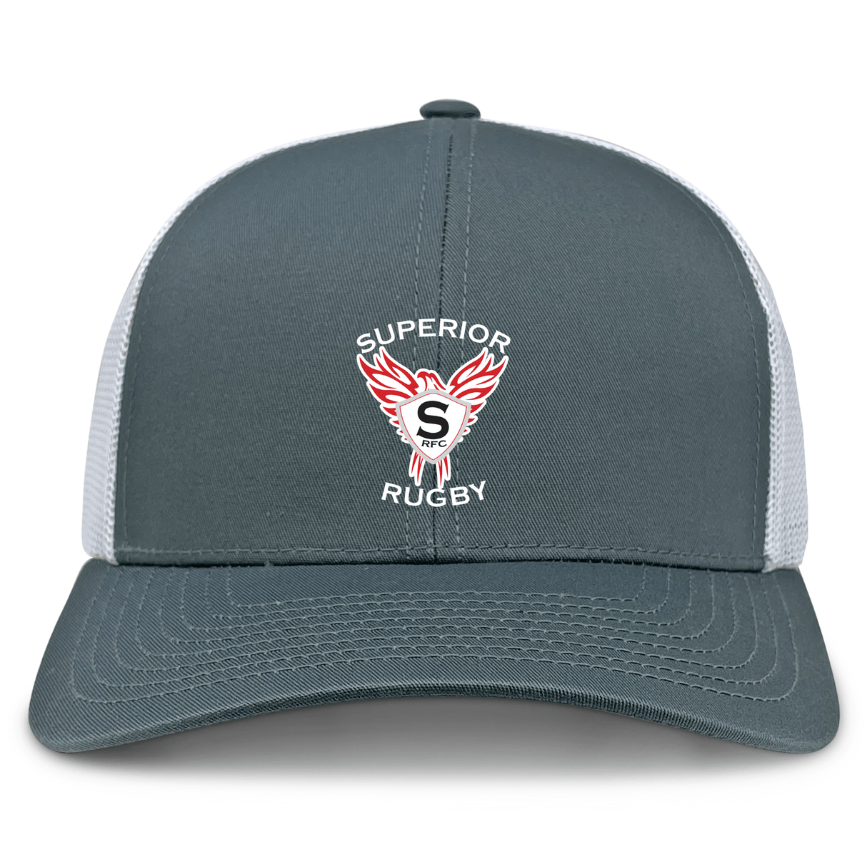 The Superior Rugby Club Retro Trucker Cap by EMB S&S Activewear features a gray and white design, red winged logo with a bold "S" on the front panel, and an adjustable snapback closure.