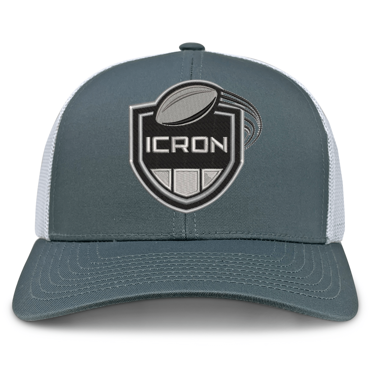 Grey and white ICRON Retro Trucker Cap featuring an embroidered shield logo with a football and the text “ICRON.”