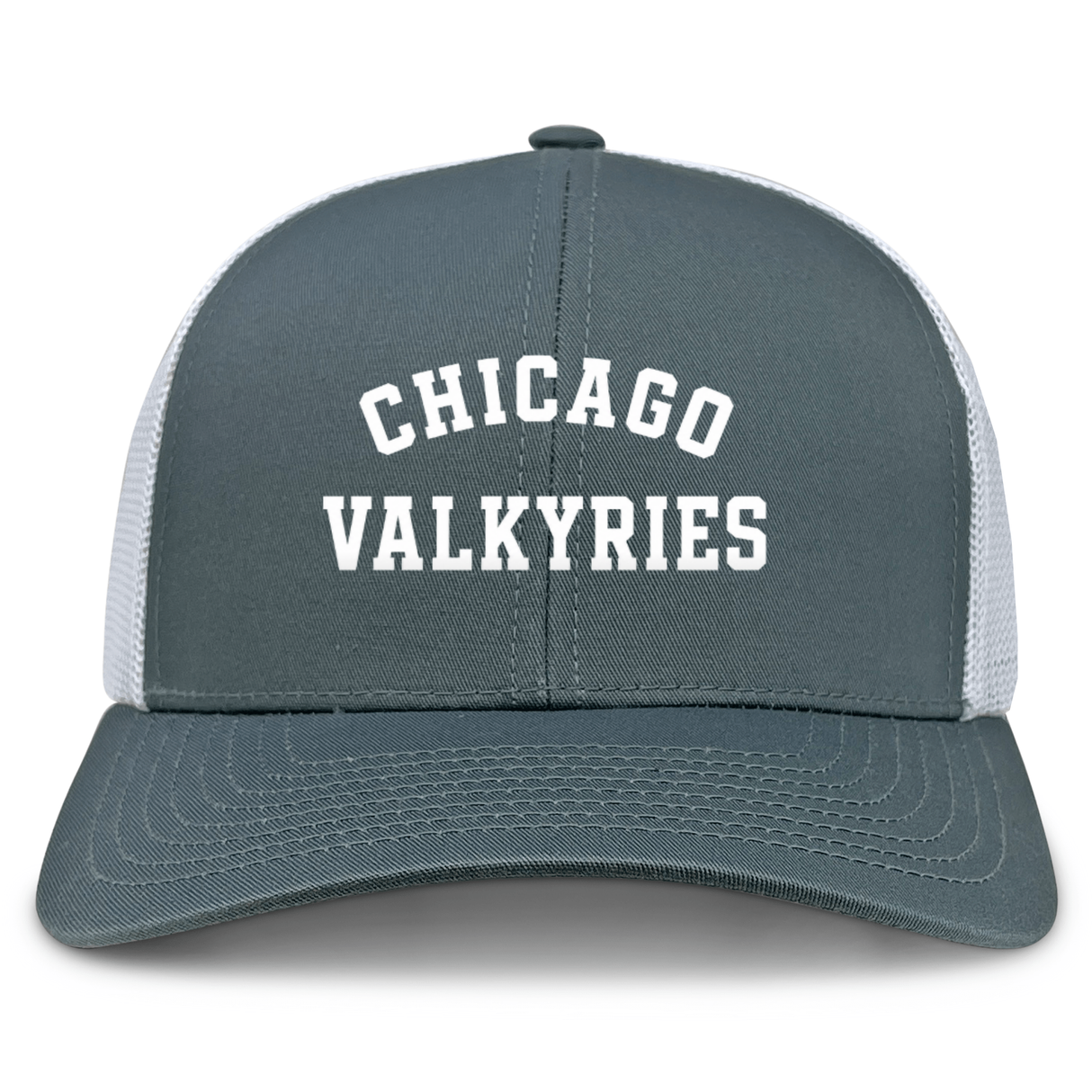 Chicago Valkyries Retro Trucker Cap by EMB S&S Activewear features a gray and white design with "CHICAGO VALKYRIES" boldly printed on the front. It includes a snapback closure for an adjustable fit.