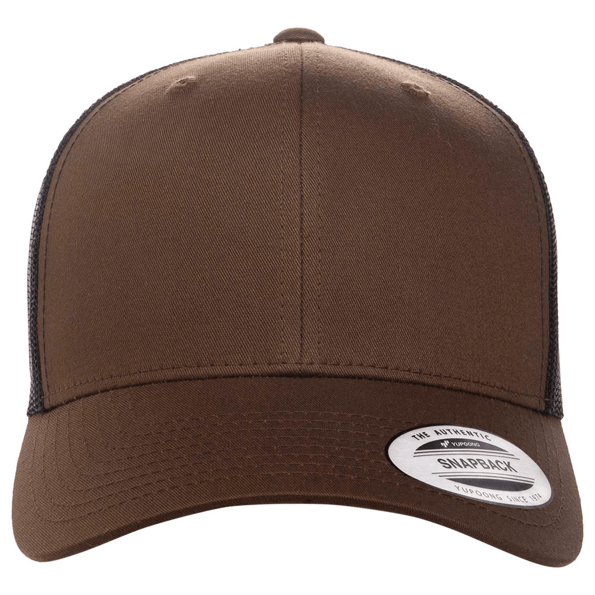 A brown S&S Activewear Retro Trucker Cap with a mesh back, snapback closure, and brim sticker, shown from the front.