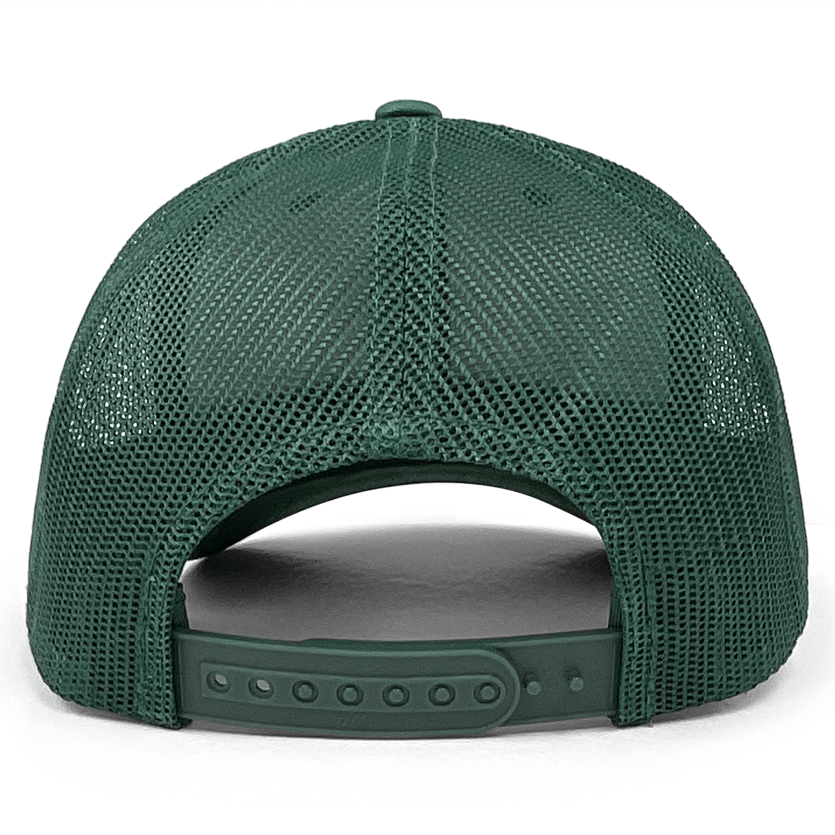 The S&S Activewear Retro Trucker Cap is shown from the back, highlighting its green mesh, adjustable snapback closure, and classic retro style.